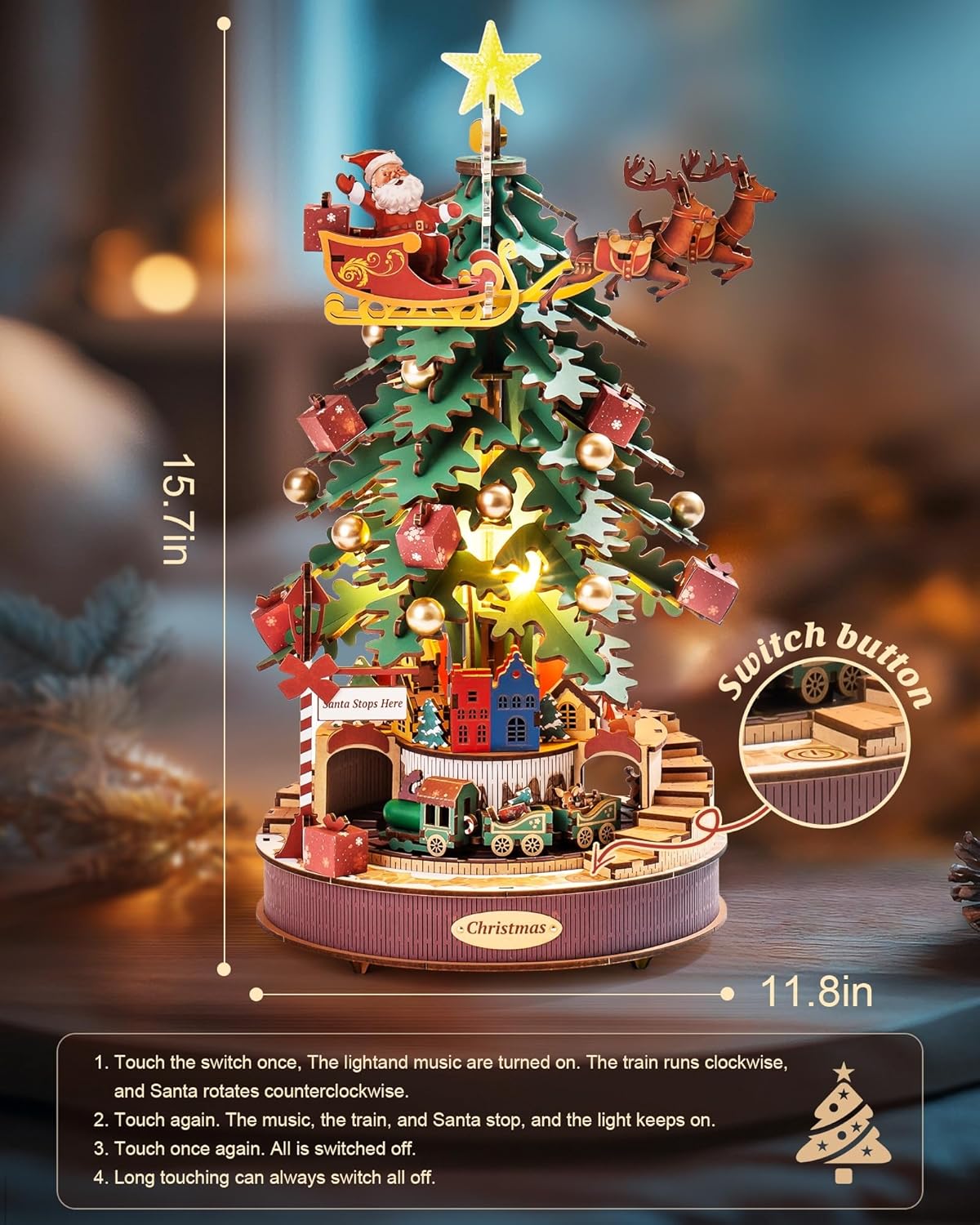 Illuminated Christmas tree music box glowing in the dark with warm LED lights and a bright star topper-uFunSpace