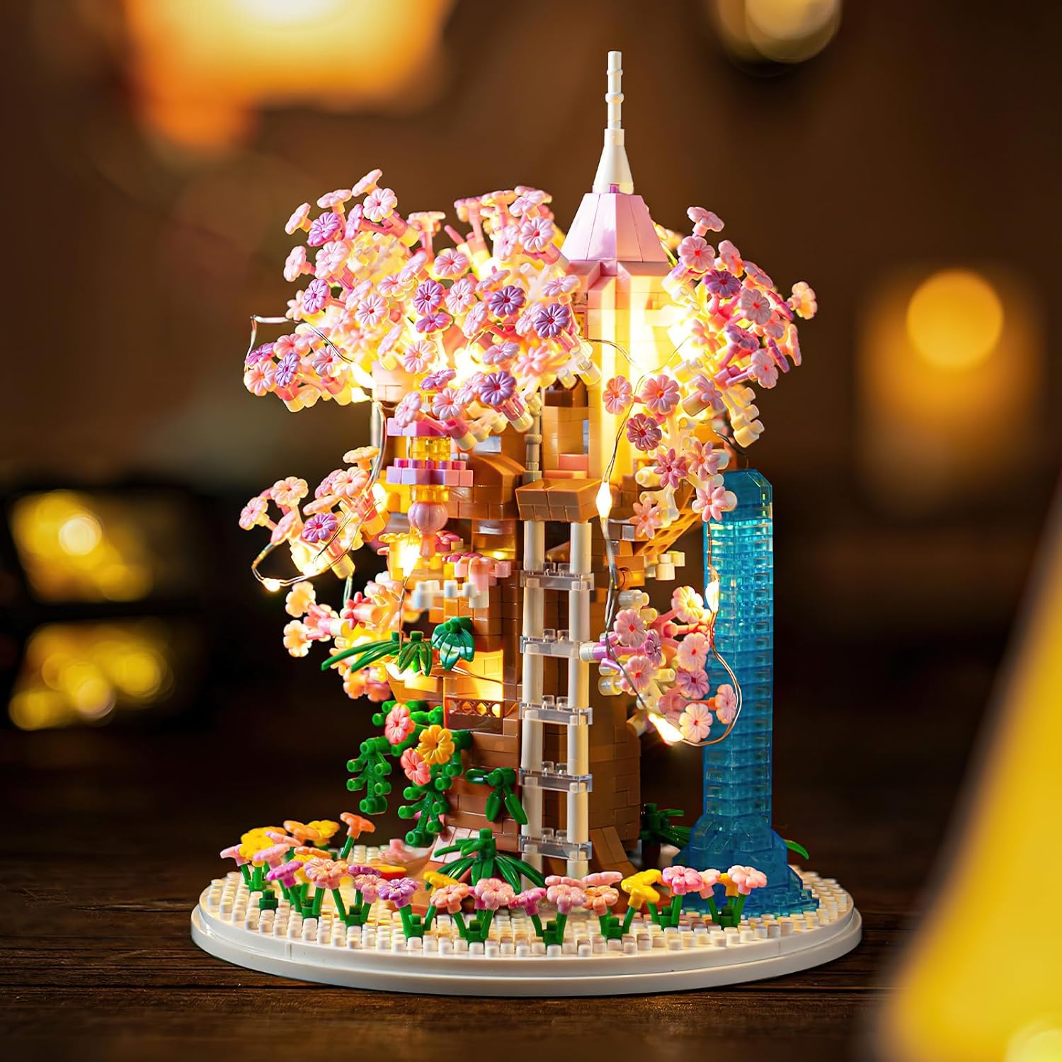 Cherry Blossom Bonsai Tree House Building Flowers Set for Adults, 1382 Pcs Micro-Particle Ideas Sakura Tree Building Blocks, Complete with String Lights, Dust Cover, and Wooden Base-uFunSpace