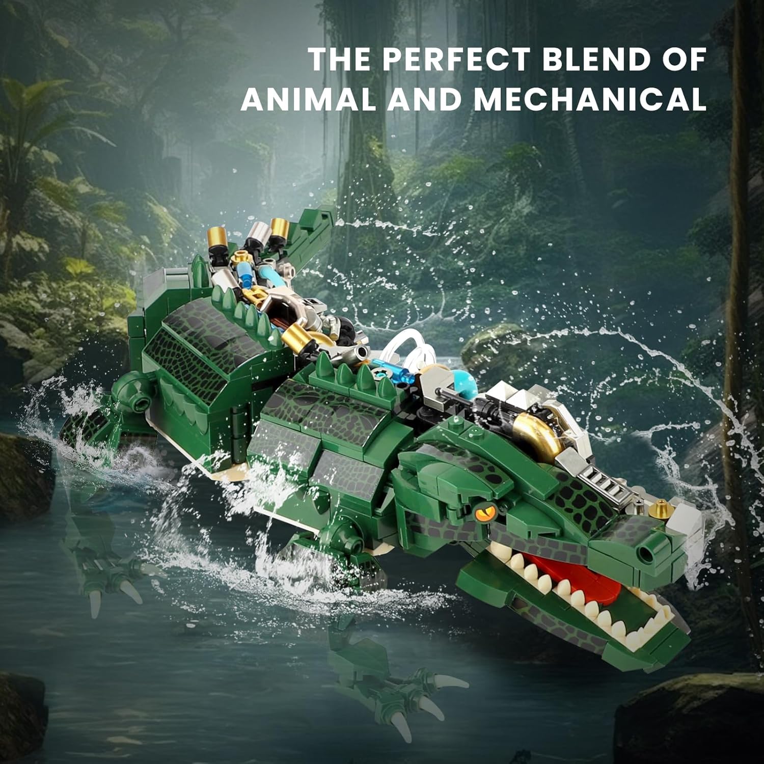 Mechanical Crocodile Building Set, Jurassic Animal Toy with Display Stand and Light, Compatible with Lego Dinosaur, STEM Creative Gift for Adults Teens Boys Age 8-12 (996 PCS)-uFunSpace