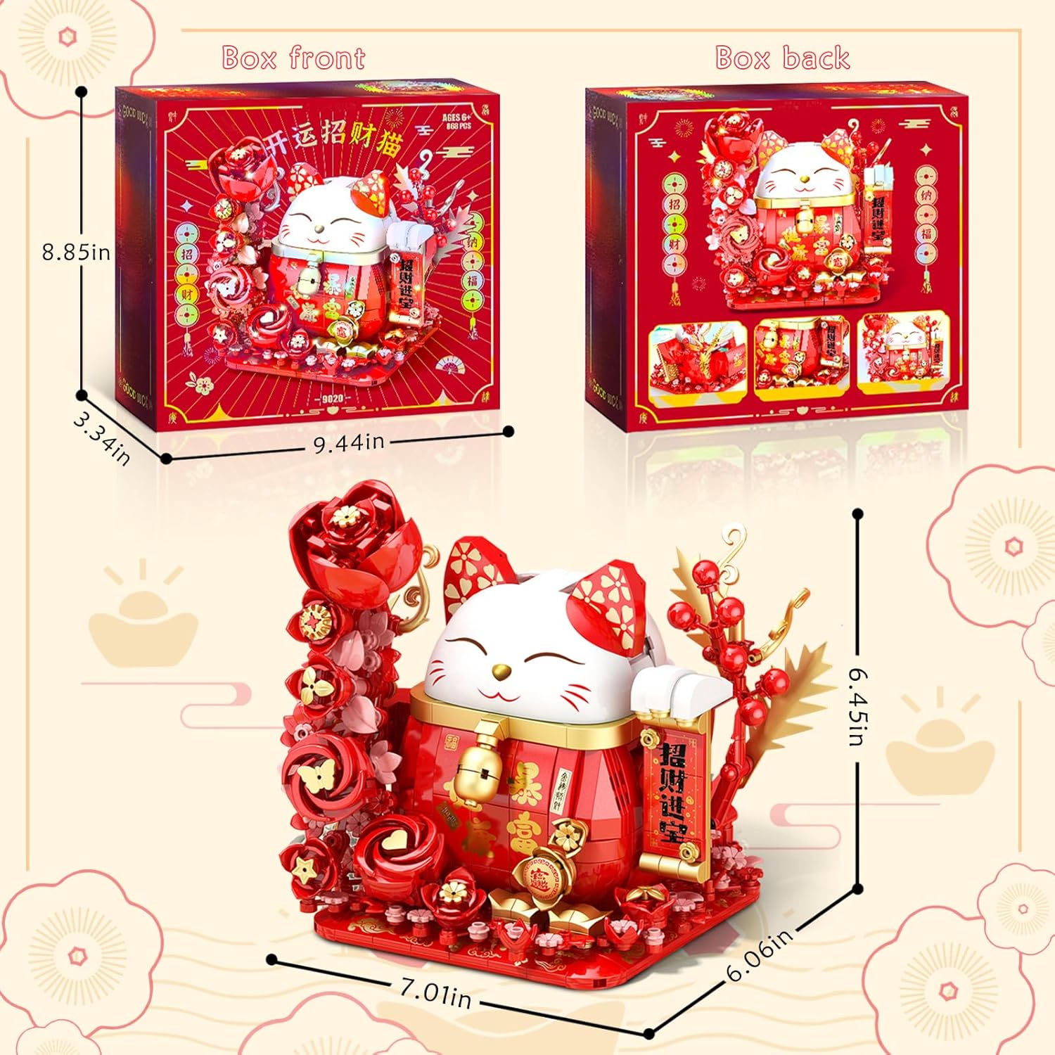 Lucky Cat Building Blocks, Compatible with Lego Animals, 868Pcs Cute Fortune Red Cat with Red Flowers Toy Animals Fortune Cat Building Block, Creative Gift for Christmas, Birthday-uFunSpace