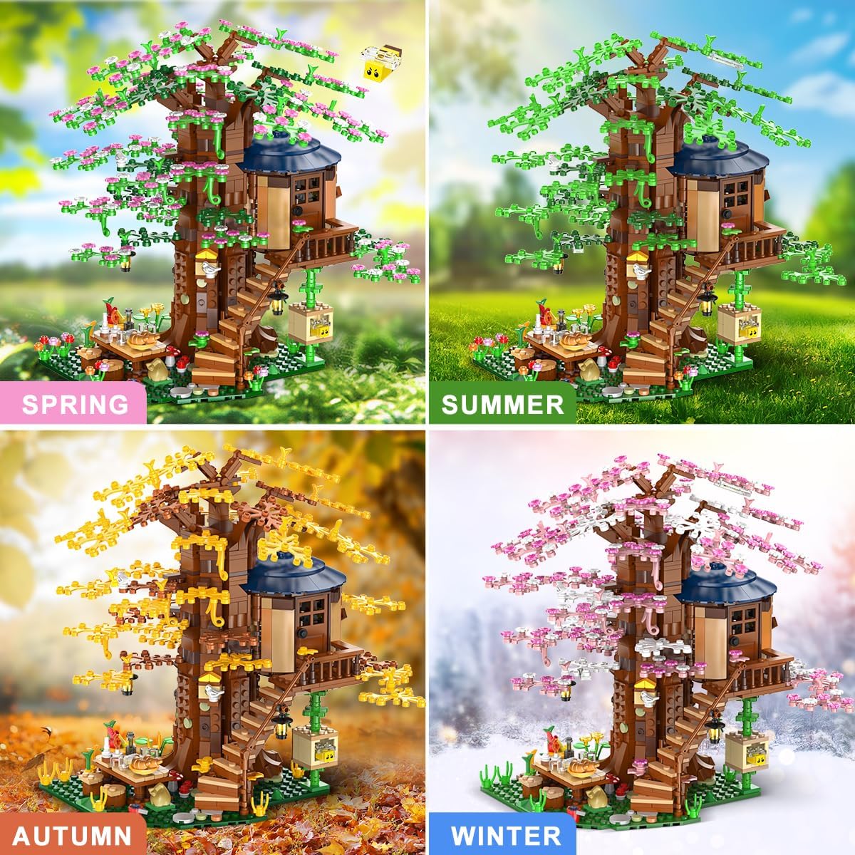 Comparison of the four seasonal styles (Spring, Summer, Autumn, Winter) achievable with this single building set.