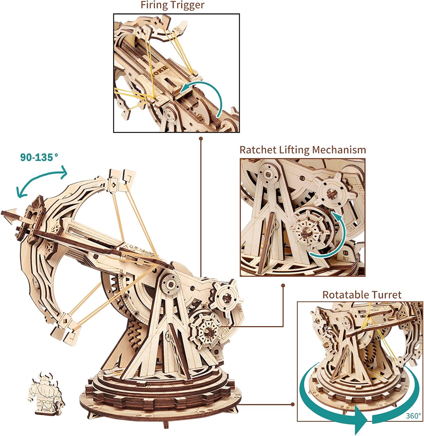 3D Wooden Puzzles for Adults, DIY Wooden Ballista Launcher Toys Building Model Kits STEM Projects Toys for Boys/Girls-uFunSpace