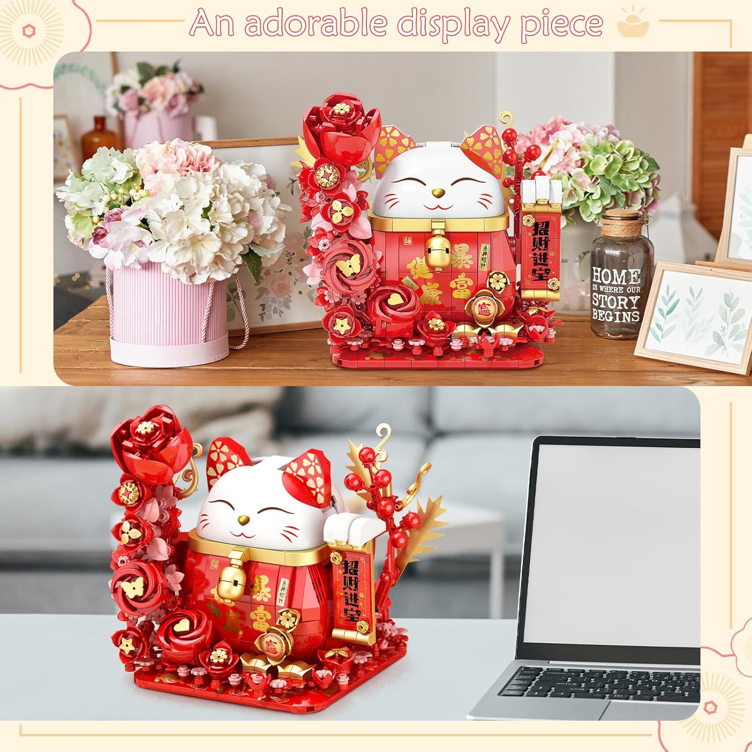 Lucky Cat Building Blocks, Compatible with Lego Animals, 868Pcs Cute Fortune Red Cat with Red Flowers Toy Animals Fortune Cat Building Block, Creative Gift for Christmas, Birthday-uFunSpace