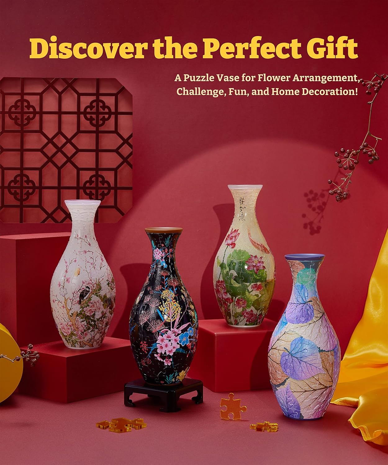 3D Puzzle Vase Unique Flower Vase Made by 160 Curved Plastic Puzzle Pieces House Warming Gift for Flower Arrangements and Home Decoration - [S1035] (Translucent, Flowers and Birds)-uFunSpace