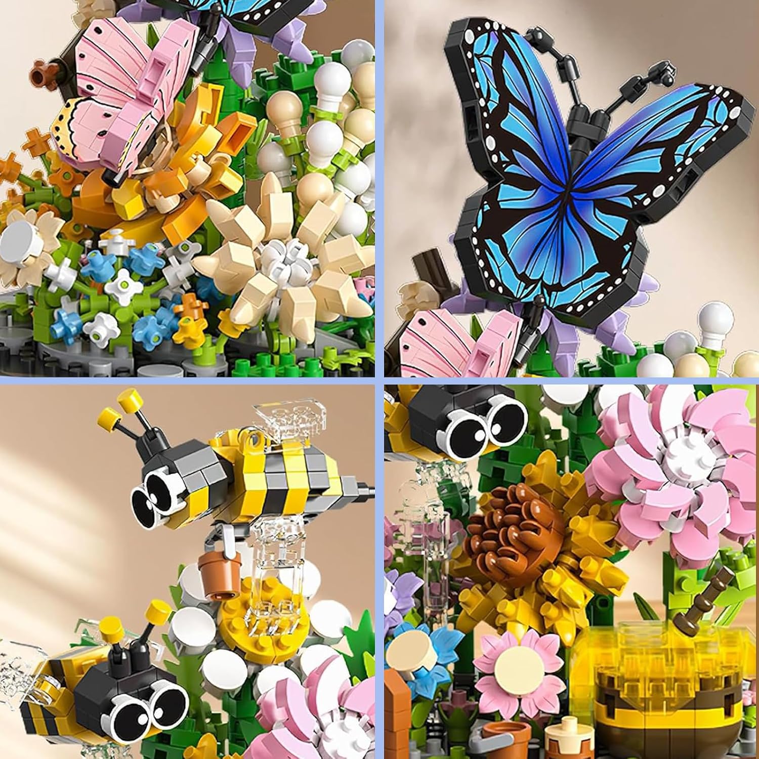 2 Flowers Bouquet Building Set Insect Collection Not Compatible with Lego, Mini Animals Bee & Sunflowers, Butterfly & Rose Botanical Stacking Building Blocks, Plant Bonsai Tree Ideal Gift-uFunSpace