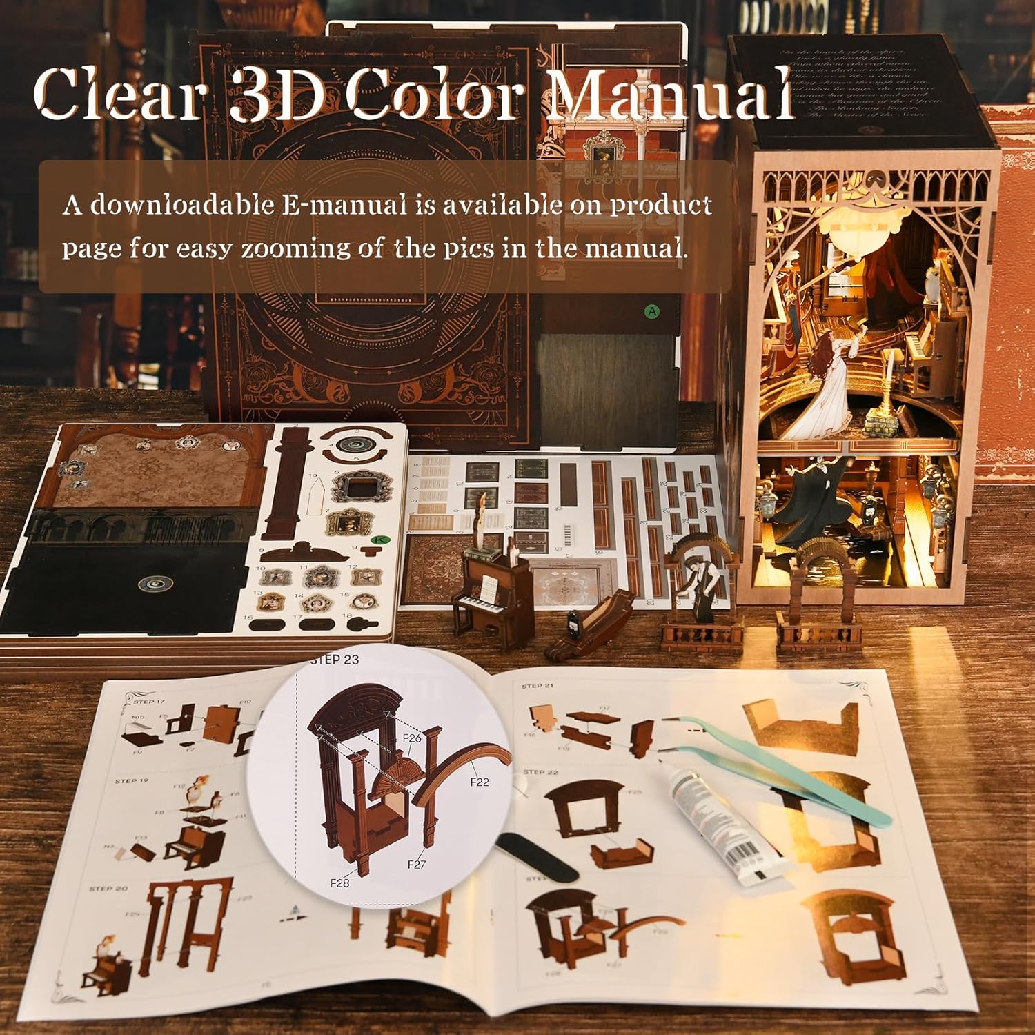 Instruction manual and wooden parts included in the Tonecheer Phantom of the Opera DIY kit -uFunSpace