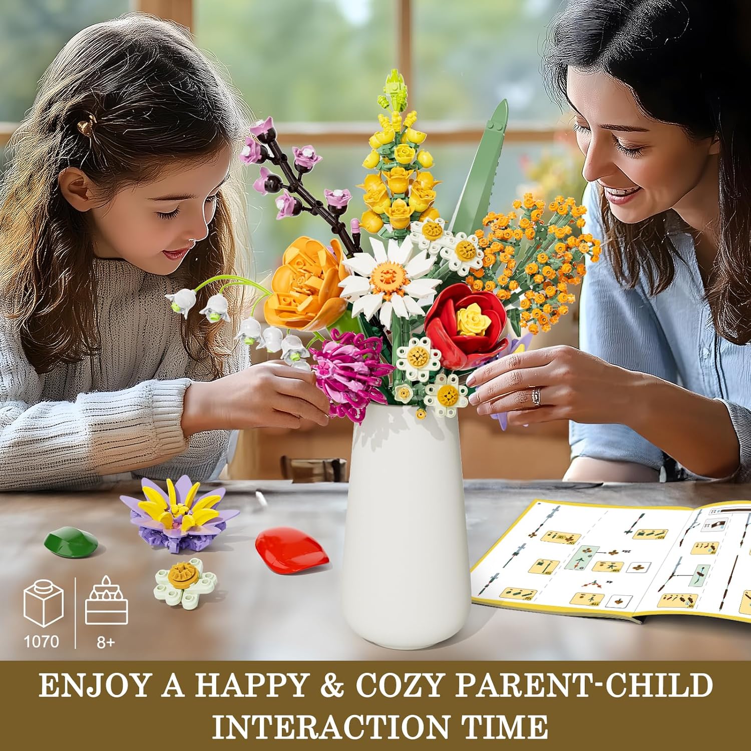 Flowers Bouquet Building Set, 1070PCS Wildflower Botanical Collection, Artificial Plant Flower Kit Toy for Adults Kids Women Her, Home Decor Gift for Birthday, Valentine's Day, Christmas (No Vase)-uFunSpace