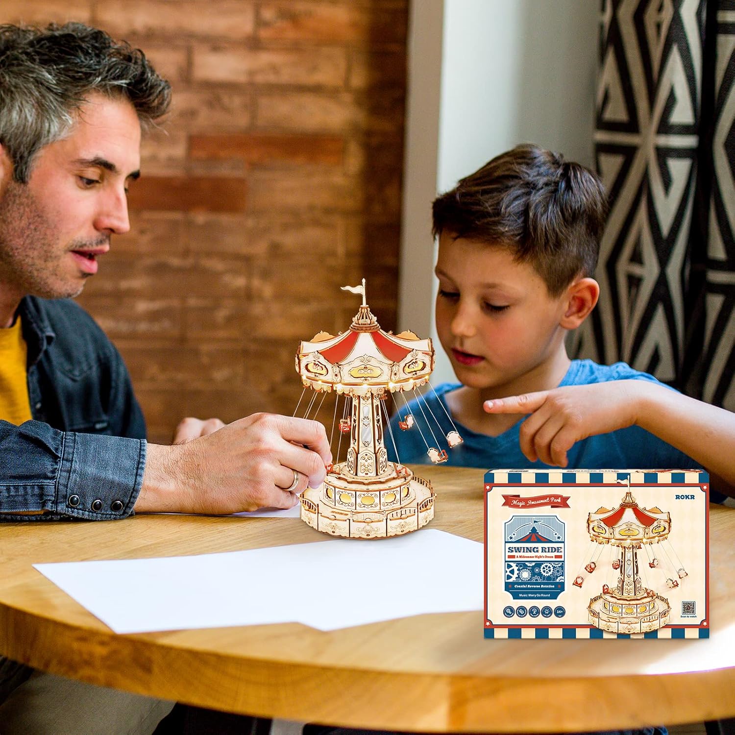 3D Puzzles Wooden Music Box Kit with LED, Rotating Swing Ride Mechanical Model Kit DIY Wood Craft Hobbies Kit for Adults Birthday for Boys/Girls-uFunSpace