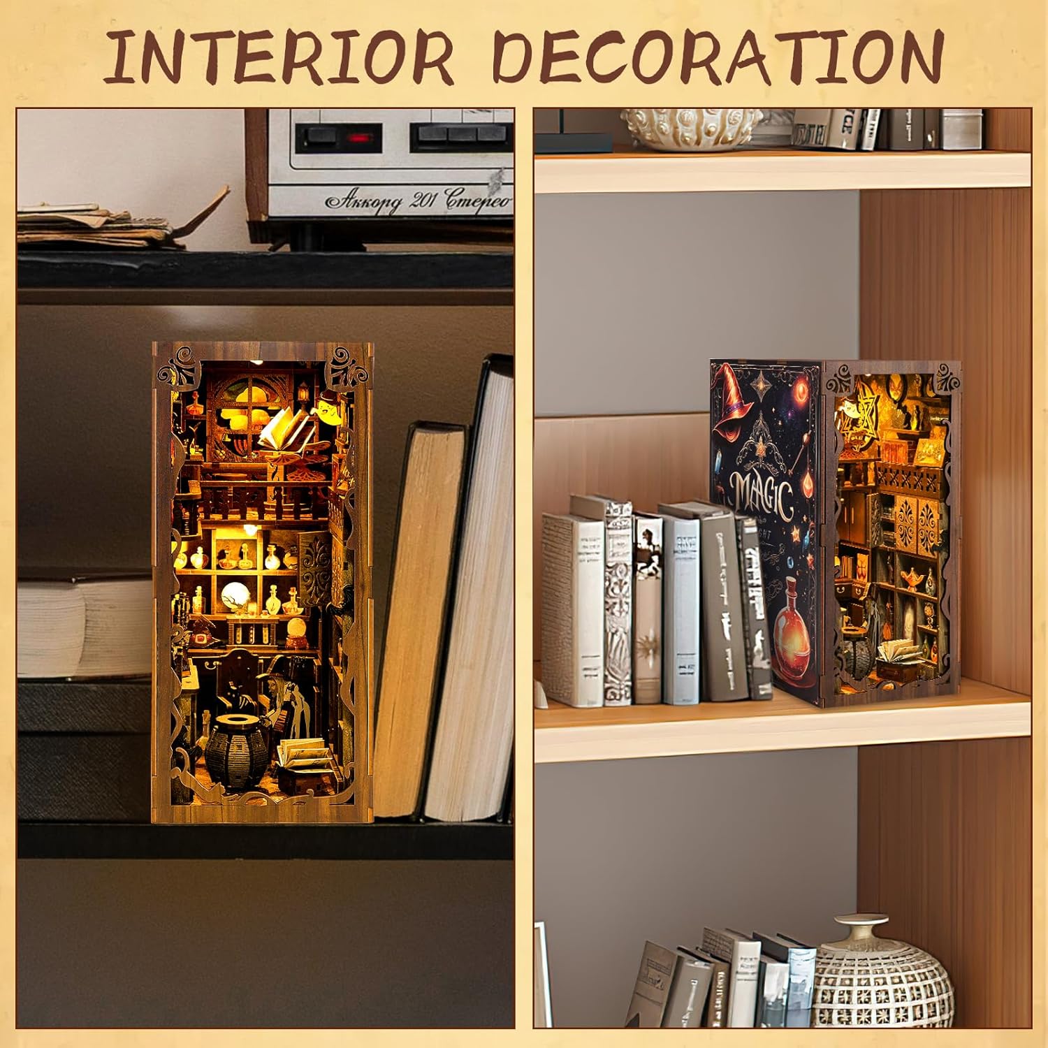 Magic Night 3D wooden puzzle displayed on a bookshelf, showing the difference between daytime look and illuminated night mode.-uFunSpace