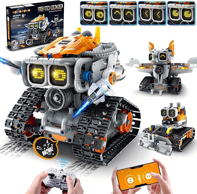 Changeable Expressions Robot Building Sets - 3 in 1 Remote & APP Supported Robotic Building Toy Having Sound Effect, Rechargeable RC Robot Birthday Present for Kids Age 6+ Boy & Girl (451PCS)-uFunSpace