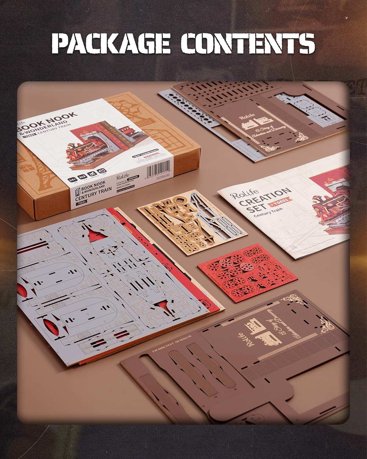 Plywood sheets and parts included in the Vintage Steam Train DIY model kit.