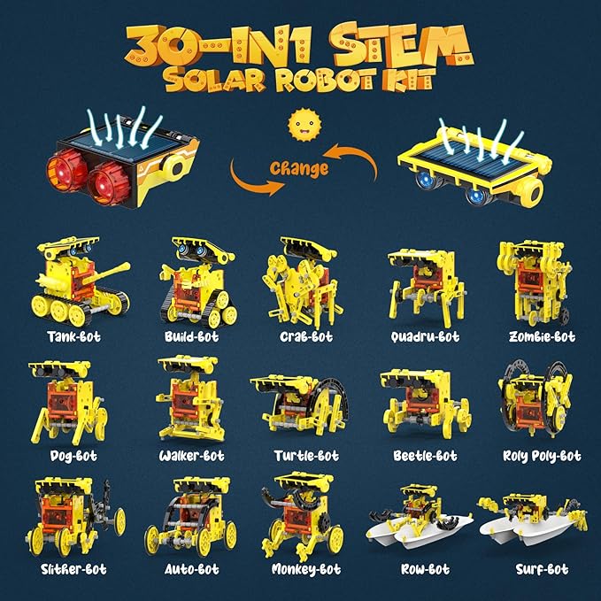 30-in-1 STEM Solar Robot Kit Toys, 243 Pieces Educational Building Science Experiment Kit for Kids Aged 8-12, Birthday Gifts Kids Aged 8 9 10 11 12 13 Years Old(Yellow)-uFunSpace