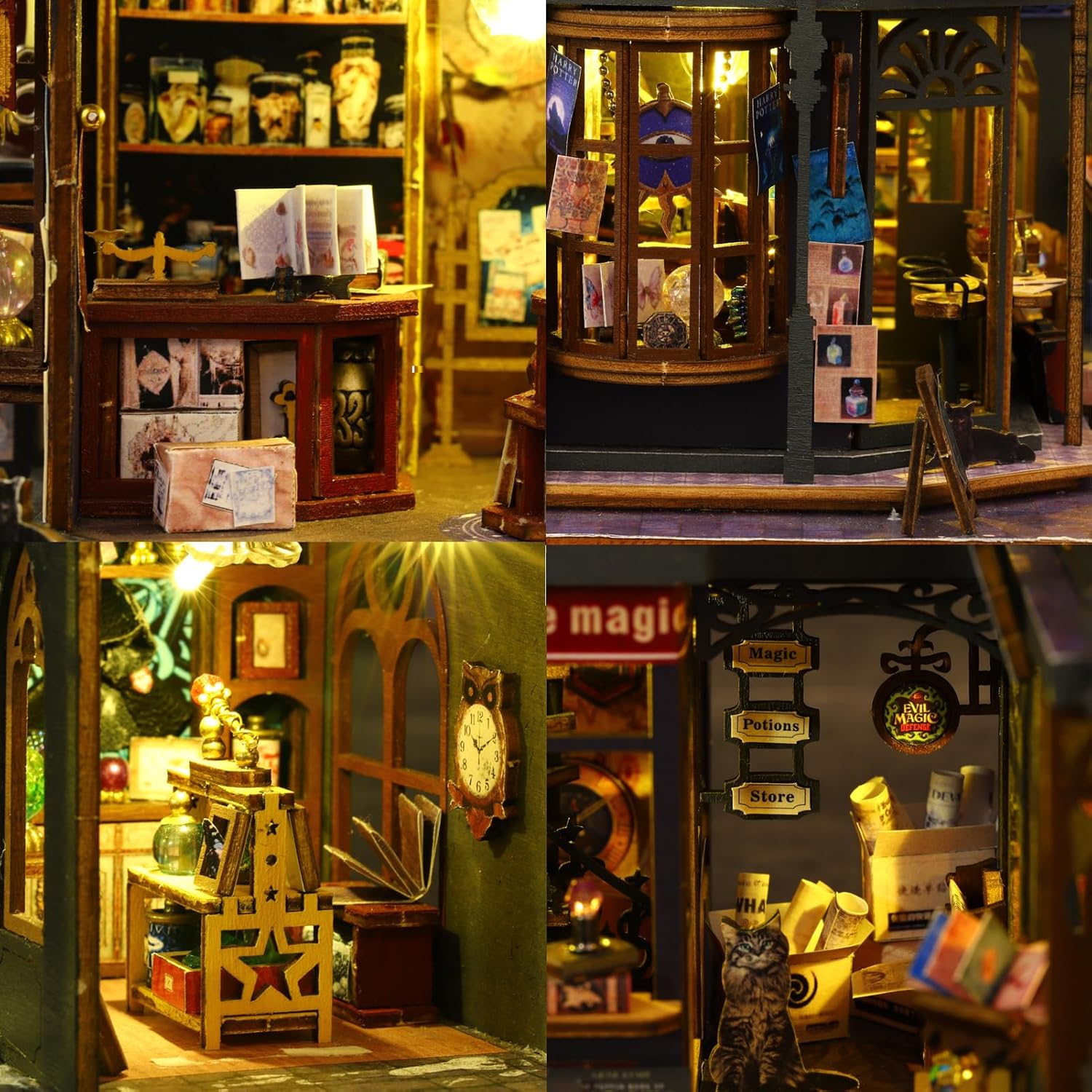 Miniature House Kit DIY Mini House Building Kit with LED Light, DIY Mini Dollhouse with Furniture Book Nook Kit, 3D Wooden Puzzle Wooden Bookend Shelf Insert Decro (Holo Magic City)-uFunSpace