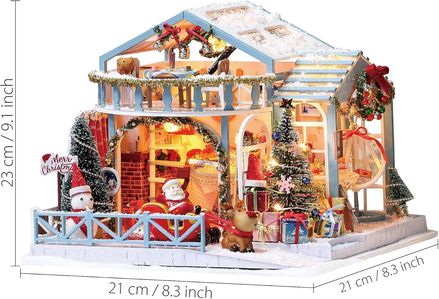 Front view of 1:24 scale miniature wooden house "Christmas Snowy Night" featuring a blue villa with balcony and interior lighting-uFunSpace