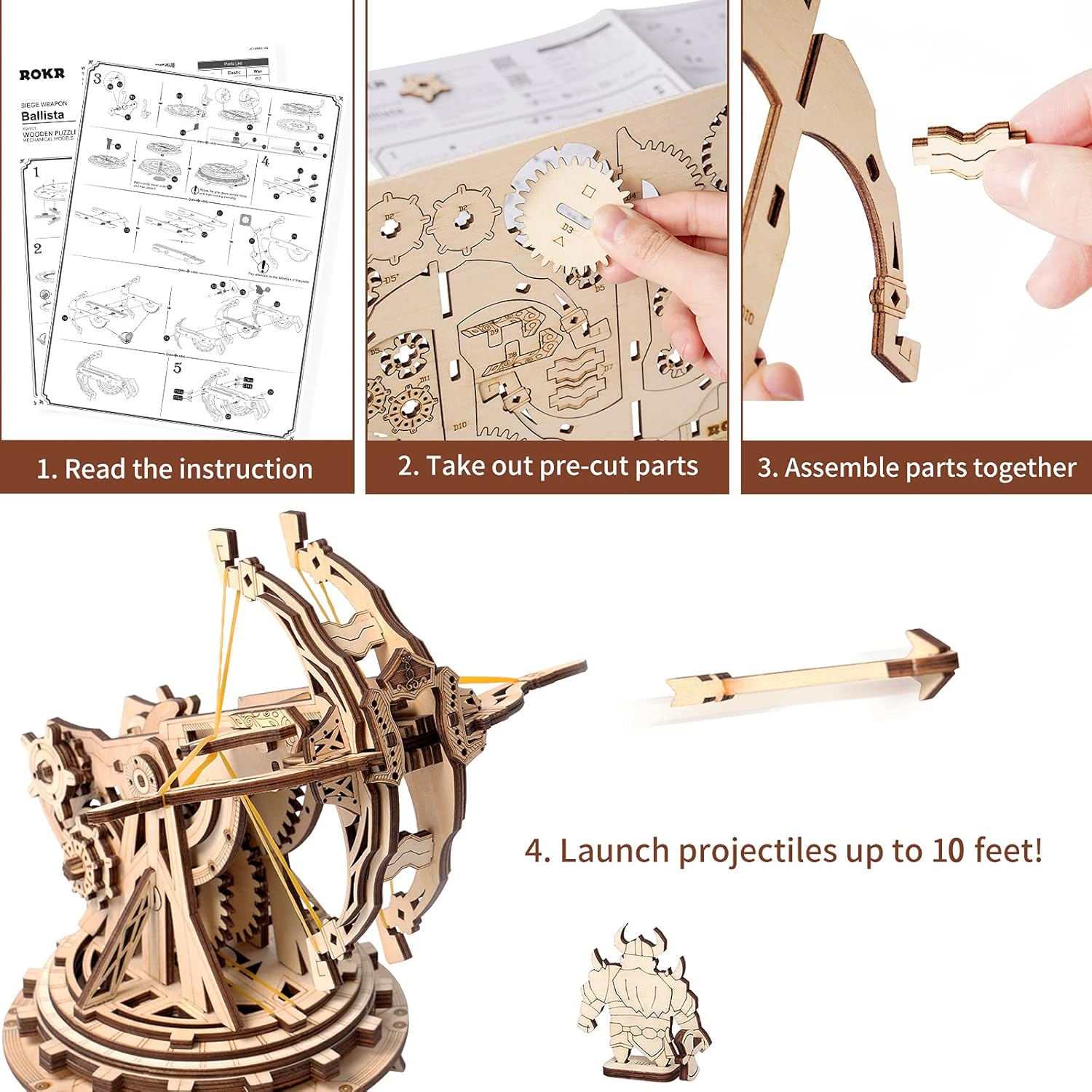 3D Wooden Puzzles for Adults, DIY Wooden Ballista Launcher Toys Building Model Kits STEM Projects Toys for Boys/Girls-uFunSpace