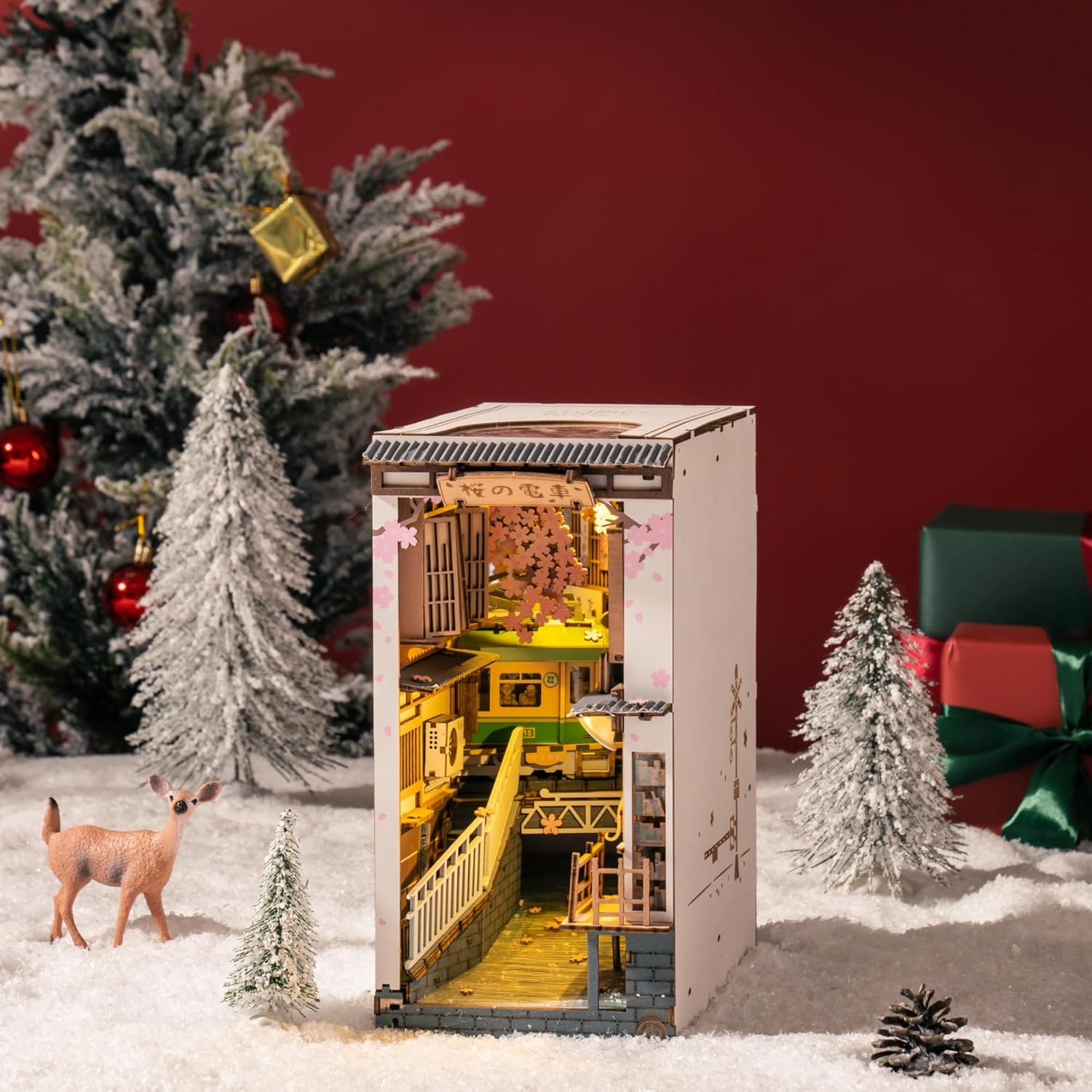 DIY Book Nook Kit Sakura Densya, DIY Miniature Booknook Kit Creative Decorative Bookend Bookshelf Insert 3D Puzzles for Adults, Halloween/Christmas Decorations/Gifts for Adults (Sakura Densya)-uFunSpace