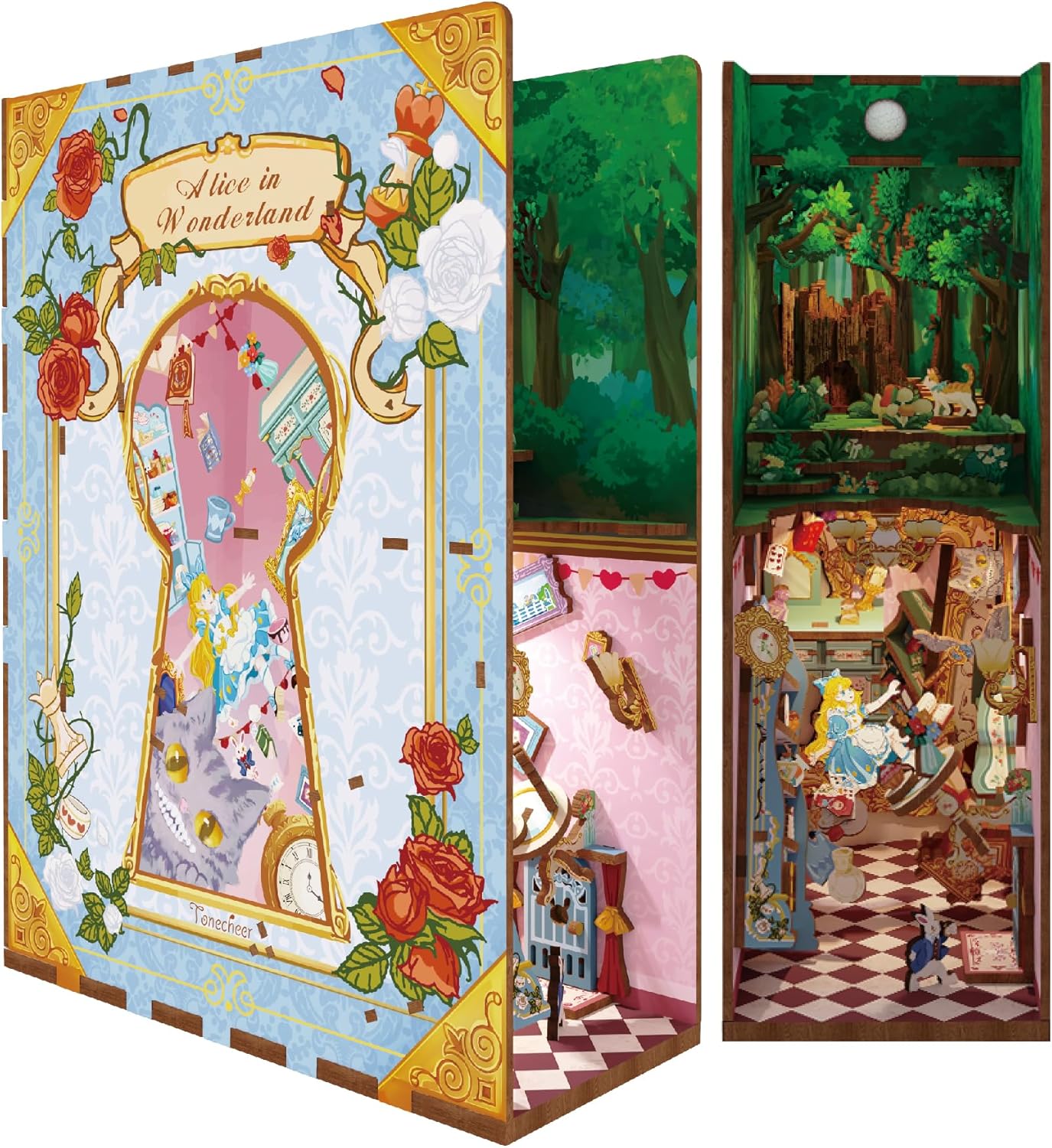 Internal view of Tonecheer TQ128 book nook showing the keyhole design, falling Alice figure, and 3D forest layers.