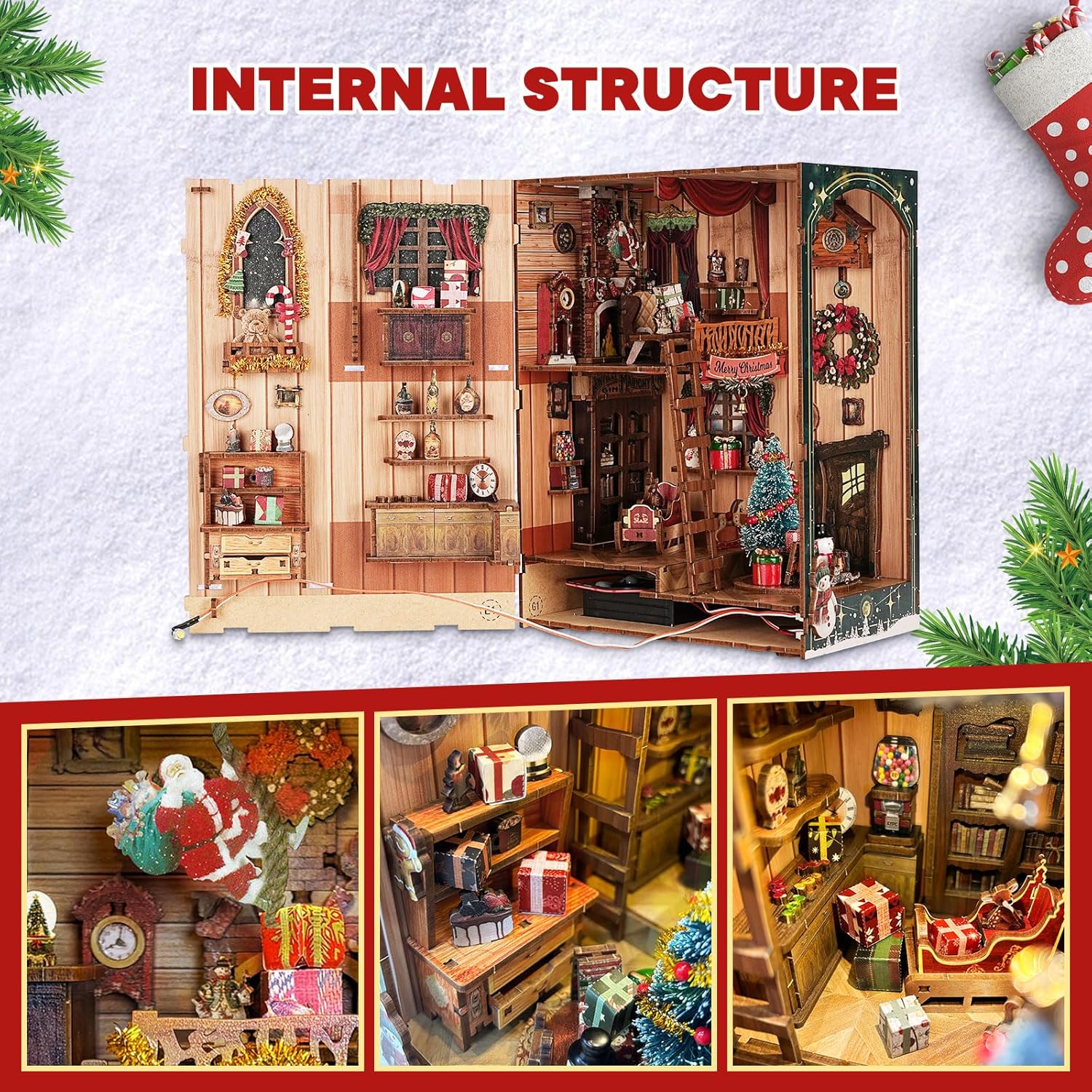 Close-up details of miniature furniture, Christmas stockings, and gift boxes inside the book nook.