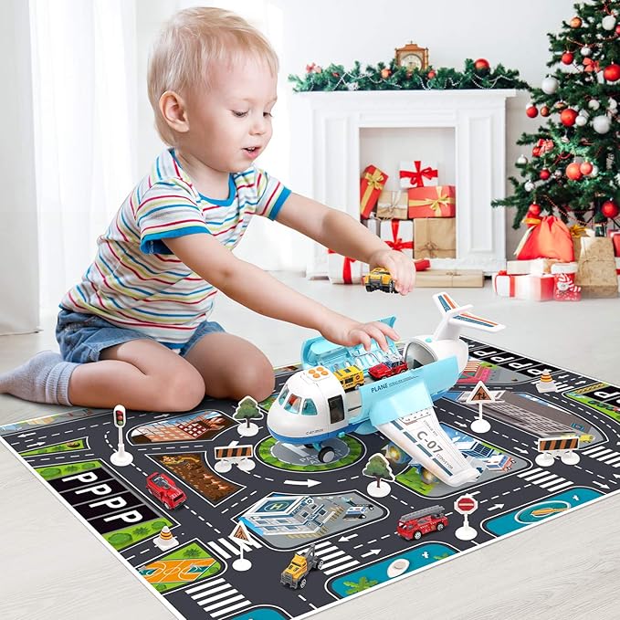 Airplane Plane Toy with Smoke, Sound and Light, Fricton Powered Airplane with Mini Cars, Great Gift for Boys and Girls-uFunSpace