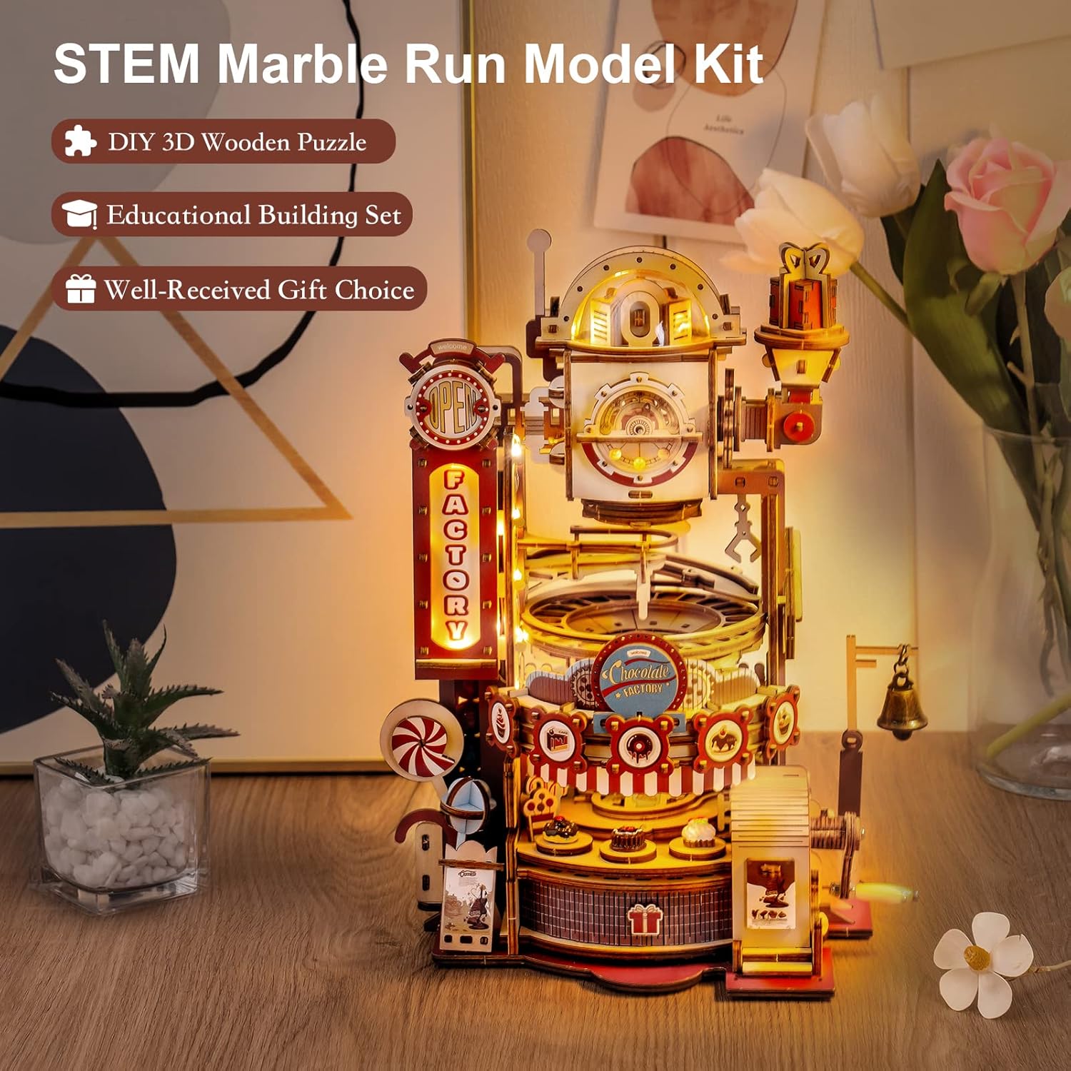 3D Puzzles for Adults, Marble Run Wooden Model Kits for Adults, DIY STEM Mechanical Building Set, Birthday for Teens Boys Age 14+ - Chocolate Factory-uFunSpace
