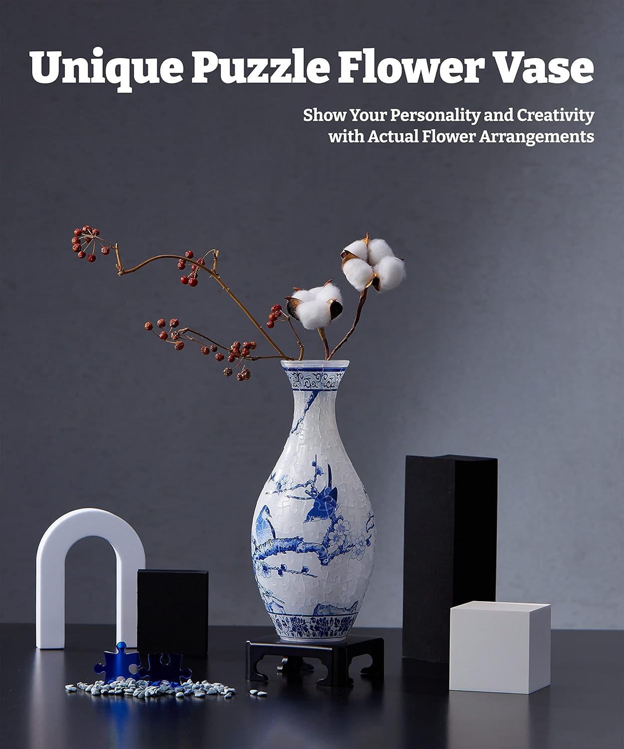 3D Puzzle Vase Unique Flower Vase Made by 160 Curved Plastic Puzzle Pieces House Warming Gift for Flower Arrangements and Home Decoration - [S1025] (Translucent, Magpies on Plum Tree)-uFunSpace