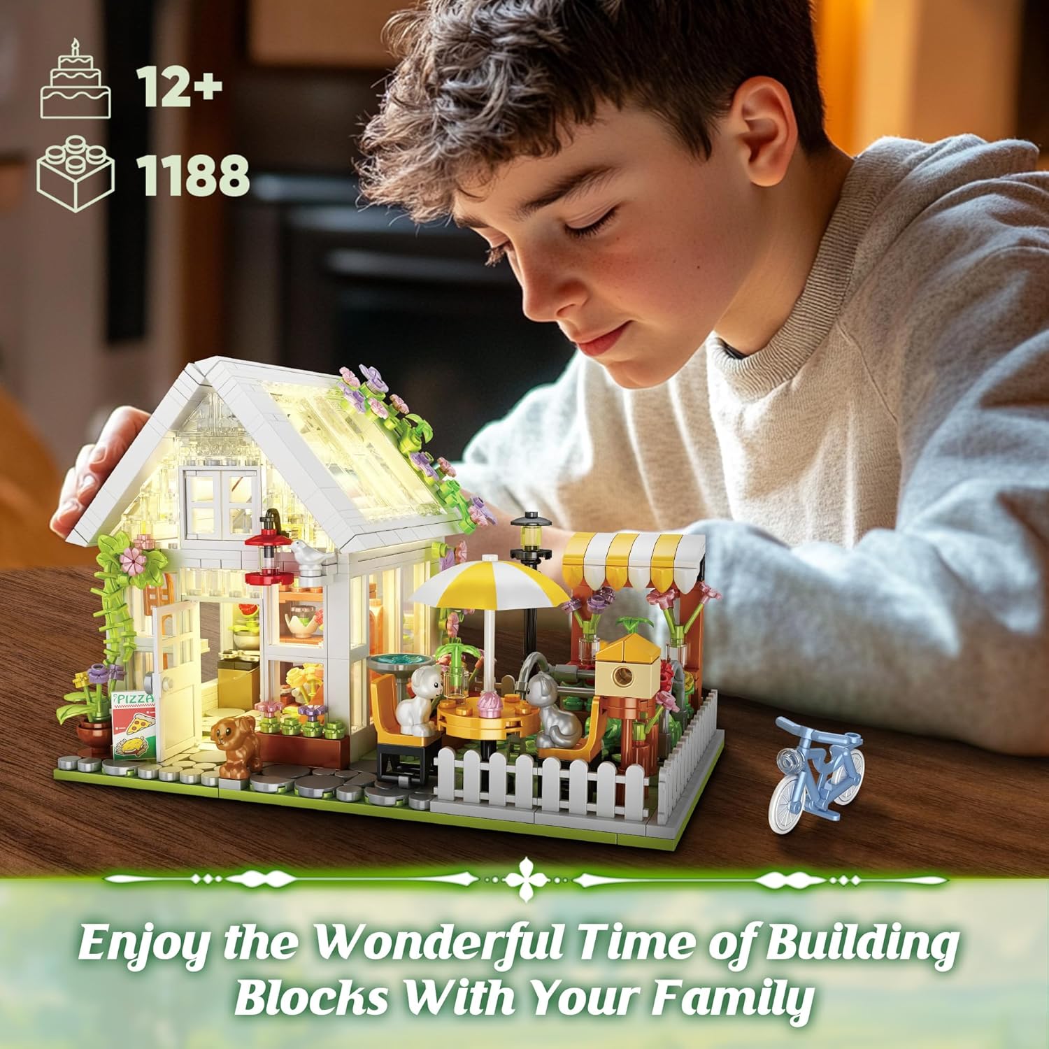 Flower House Building Block for Adults, Garden Architecture Building Toy with LED, Greenhouse Model Building Set, Garden Glass House Building Kit, Christmas & Ideal Gift for Kids 12+ (1188pcs)-uFunSpace