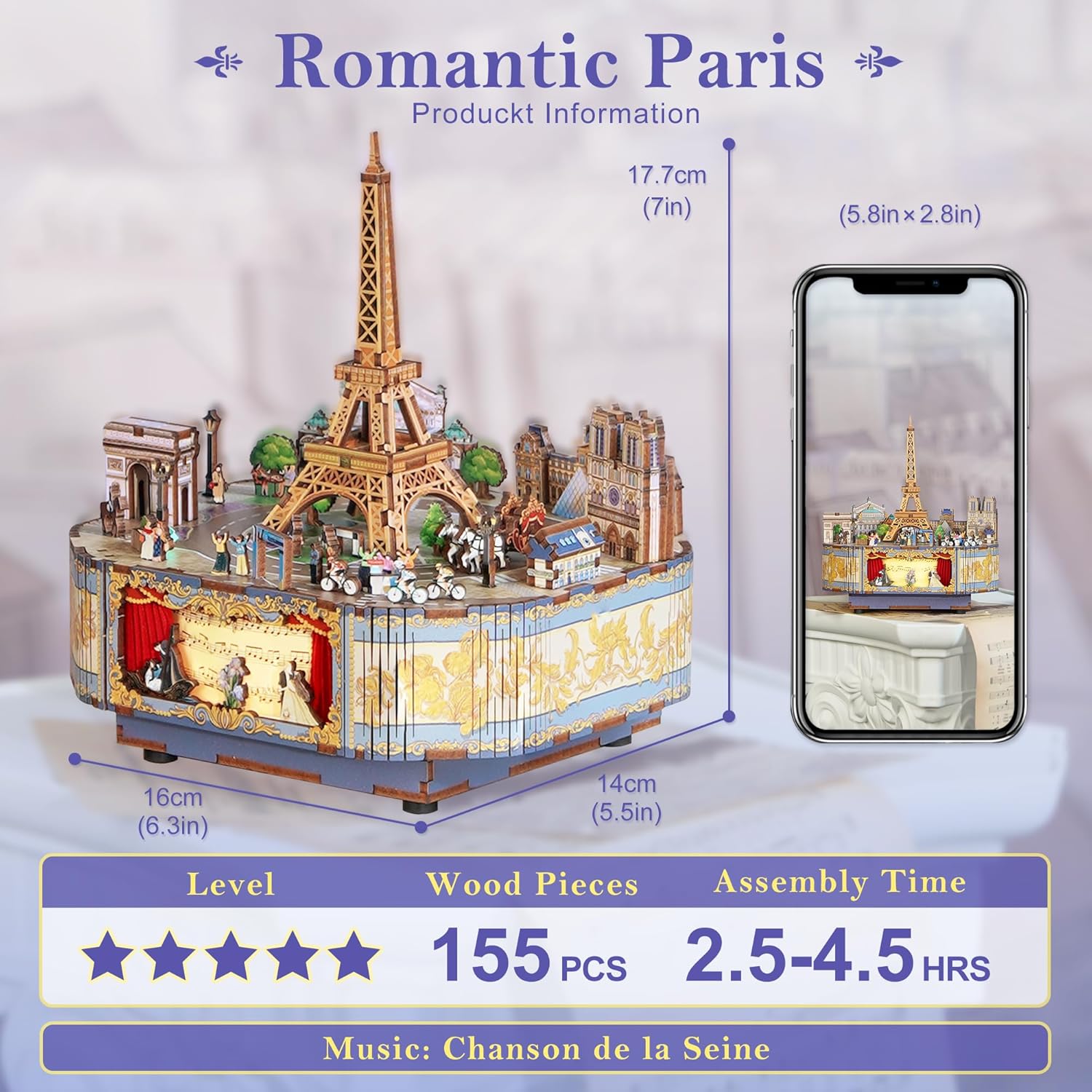 Wooden Music Box Puzzle for Adults, DIY Rotating Music Box Kit 3D Creative Musical Puzzle Crafts Model Building Kits Desk Decor Birthday (Romantic Paris)-uFunSpace