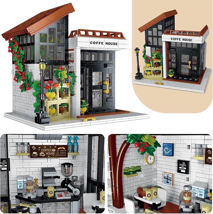 City Cafe Architecture Building Kit,Coffee House Model Building Blocks Toy with LED Light for Teen, Adult(1512 Pieces)-uFunSpace