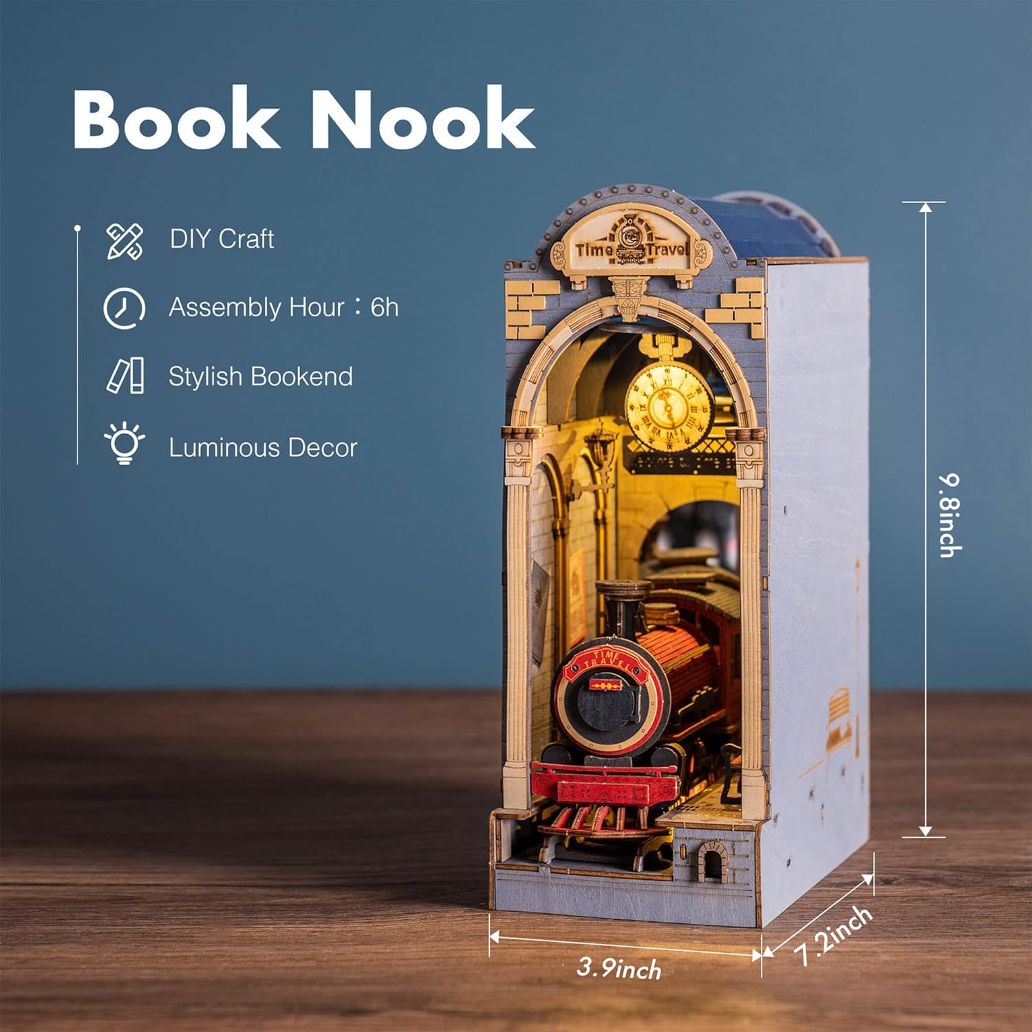 Dimensions and specifications of the Time Travel DIY Book Nook: 9.8 inches high, 7.2 inches deep, with a 6-hour assembly time.-uFunSpace