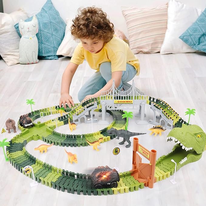 Dinosaur World Race Track Toys for Kids - Best Birthday Gifts for Age 3 4 5 6 7 Year Old Boys and Girls, PREPOP Deluxe Dino Sets, 220 pcs-uFunSpace
