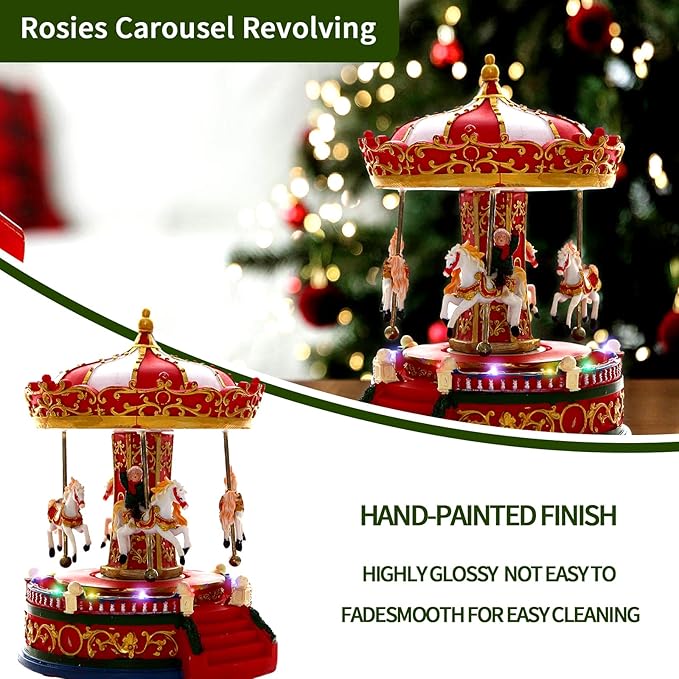 Christmas Carousel Figurines Decoration Christmas Village House Musical Carousel with 6 Moving Horses Go Round, 8 Pieces of Music Snow Globe, Music Box for Girl and Boy Kids-uFunSpace