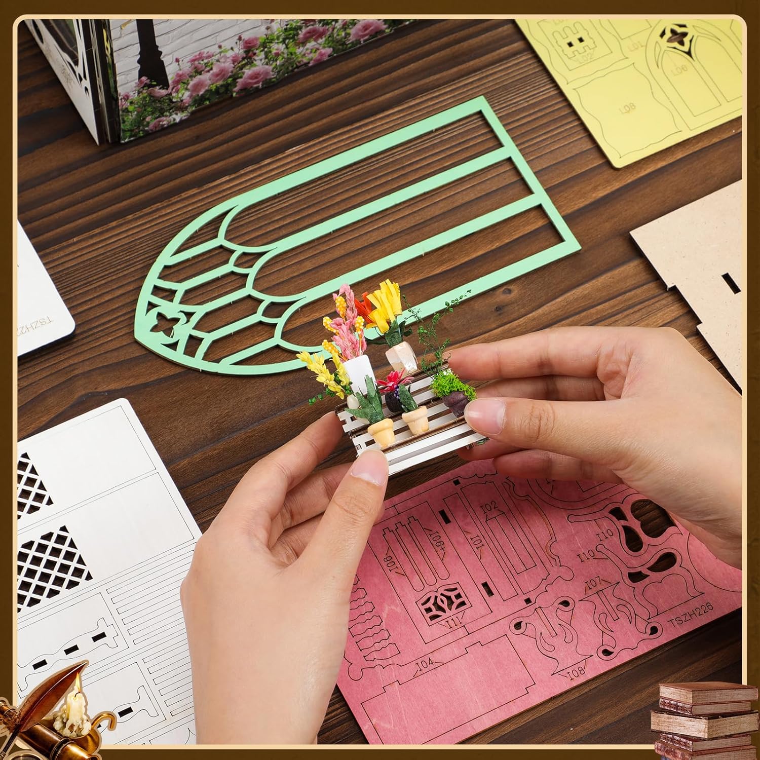 Hands assembling miniature flower pots and window frames for the Garden House 3D wooden puzzle-uFunSpace
