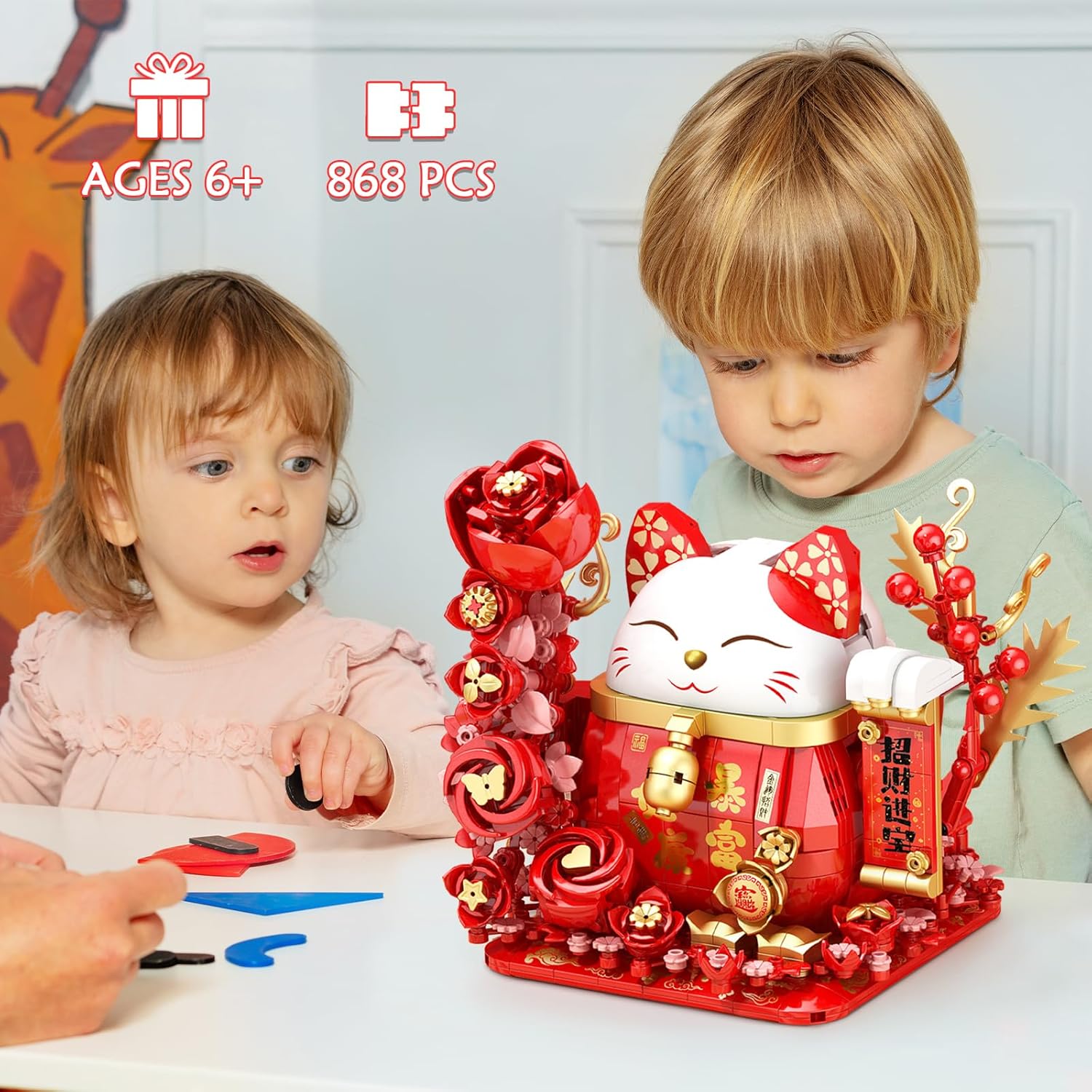 Lucky Cat Building Blocks, Compatible with Lego Animals, 868Pcs Cute Fortune Red Cat with Red Flowers Toy Animals Fortune Cat Building Block, Creative Gift for Christmas, Birthday-uFunSpace