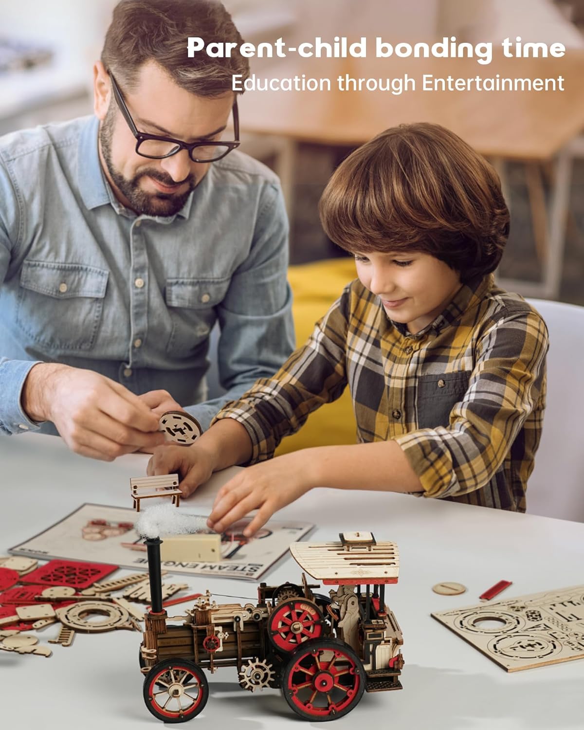 3D Puzzle for Adults 469pcs Electric Vintage Car Steam Engine Model Kits, Mechanical Wooden Assembly Puzzles Vehicle DIY Hobbies for Men Women-uFunSpace