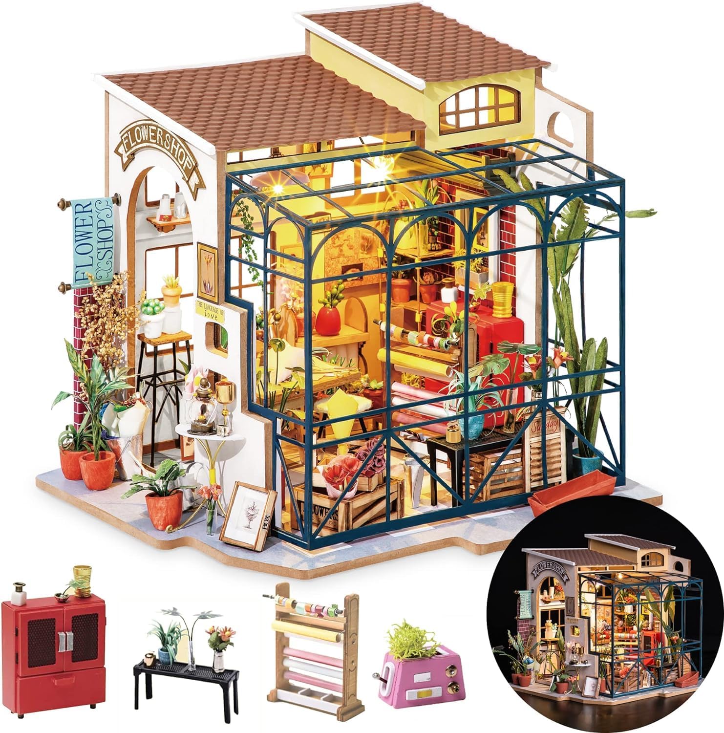 Front view of the detailed miniature greenhouse showing the Flower Shop sign and interior layout.