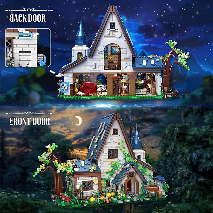 Front and back view of the completed Magic Stone House fantasy architecture model with black cats.