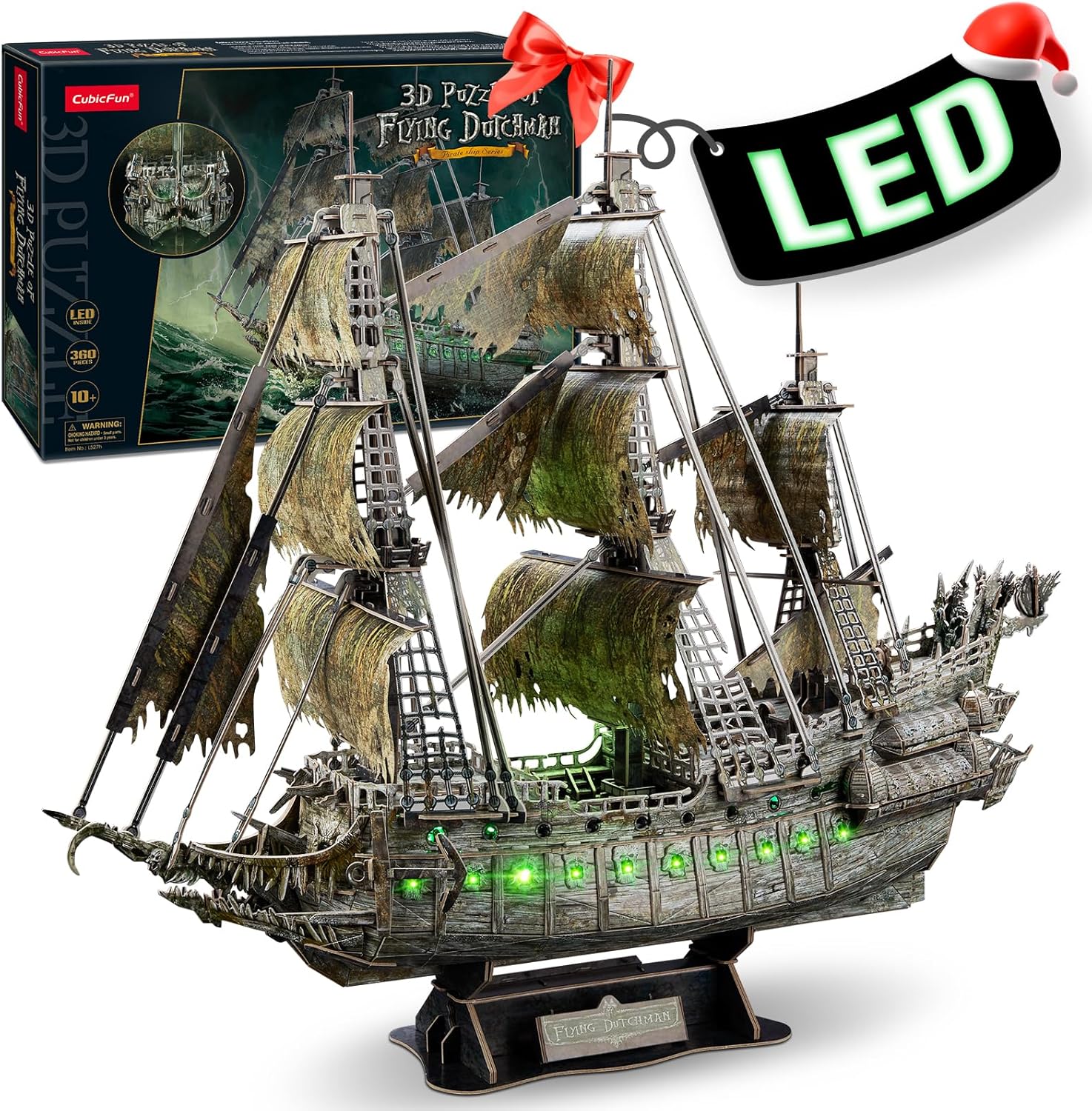 3D Puzzles for Adults Green LED Flying Dutchman, 360 Pieces Haunted Pirate Ship Arts & Crafts for Adults Gifts for Men Women Model Kit, Lighting Ghost Ship 2024 Easter Gifts Christmas Gift-uFunSpace