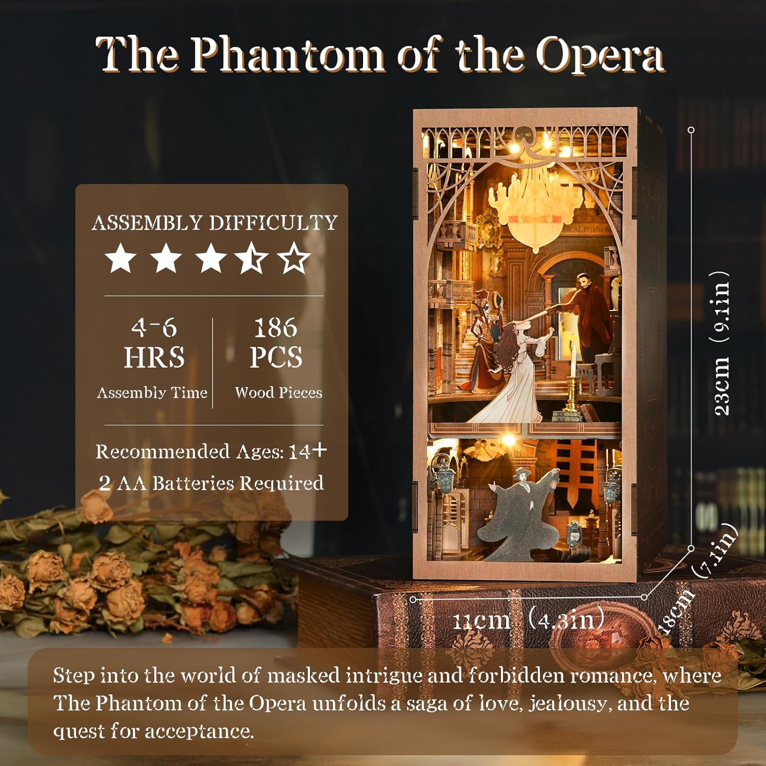 Dimensions and specifications of the Phantom of the Opera book nook: 186 pieces, 9.1 inches high.-uFunSpace