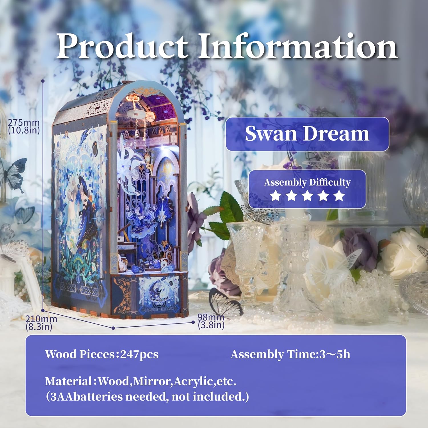 DIY Book Nook Kit for Adults, Wooden 3D Puzzle Music Box Bookend Bookshelf Insert Decor, Automatic Rotation Booknook Miniature House Kit with Dust Cover and LED Light (Swan Dream)-uFunSpace