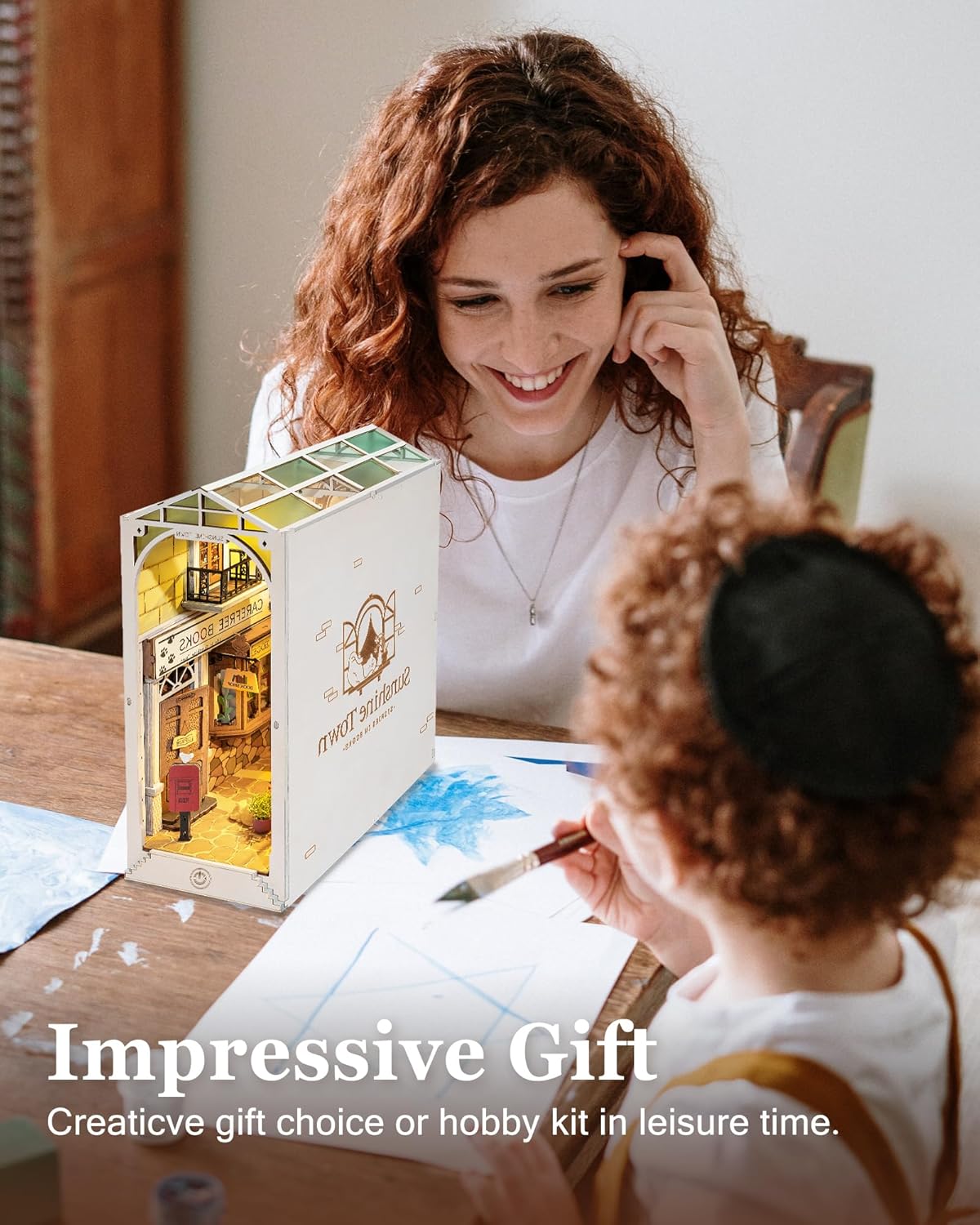 DIY Book Nook Kit 3D Wooden Puzzle for Adults 9.5" Bookshelf Indert Decor with LED Miniature Dollhouse Kit Bookend Crafts Diorama Hobbies Gifts for Boys Girls (Sunshine Town)-uFunSpace