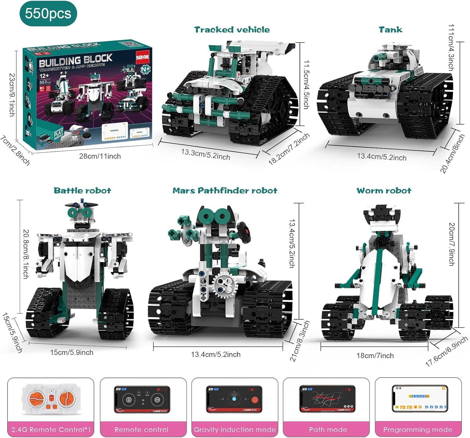 Technique Car Building Blocks Set, 13in1 Remote & APP Control Tracked Racer/Robot/Truck/Tank/Plane, STEM Kits for Kids Age 8-10, Building Toy Gifts for Boys Girls 8-16, (550 PCS)-uFunSpace