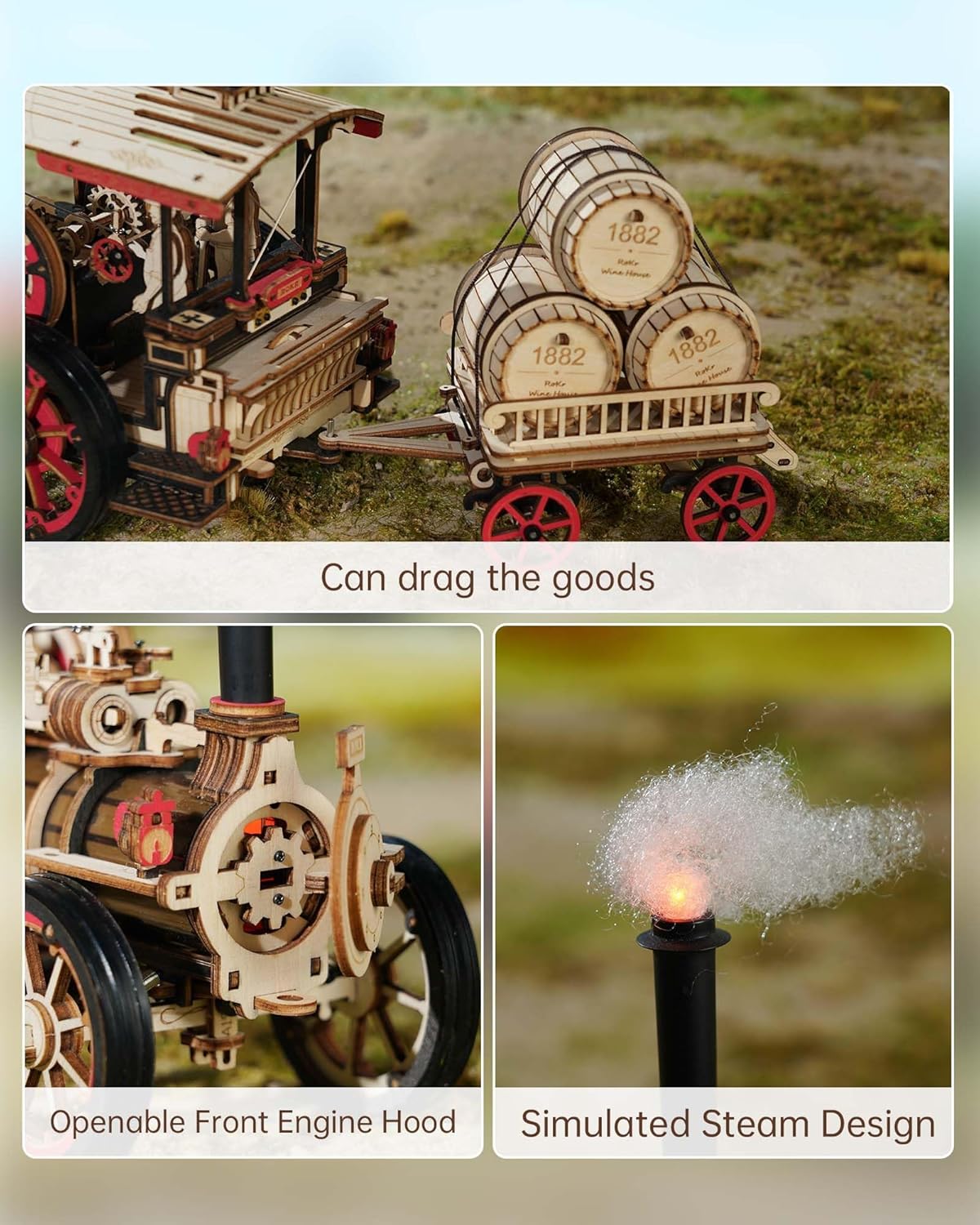 3D Puzzle for Adults 469pcs Electric Vintage Car Steam Engine Model Kits, Mechanical Wooden Assembly Puzzles Vehicle DIY Hobbies for Men Women-uFunSpace