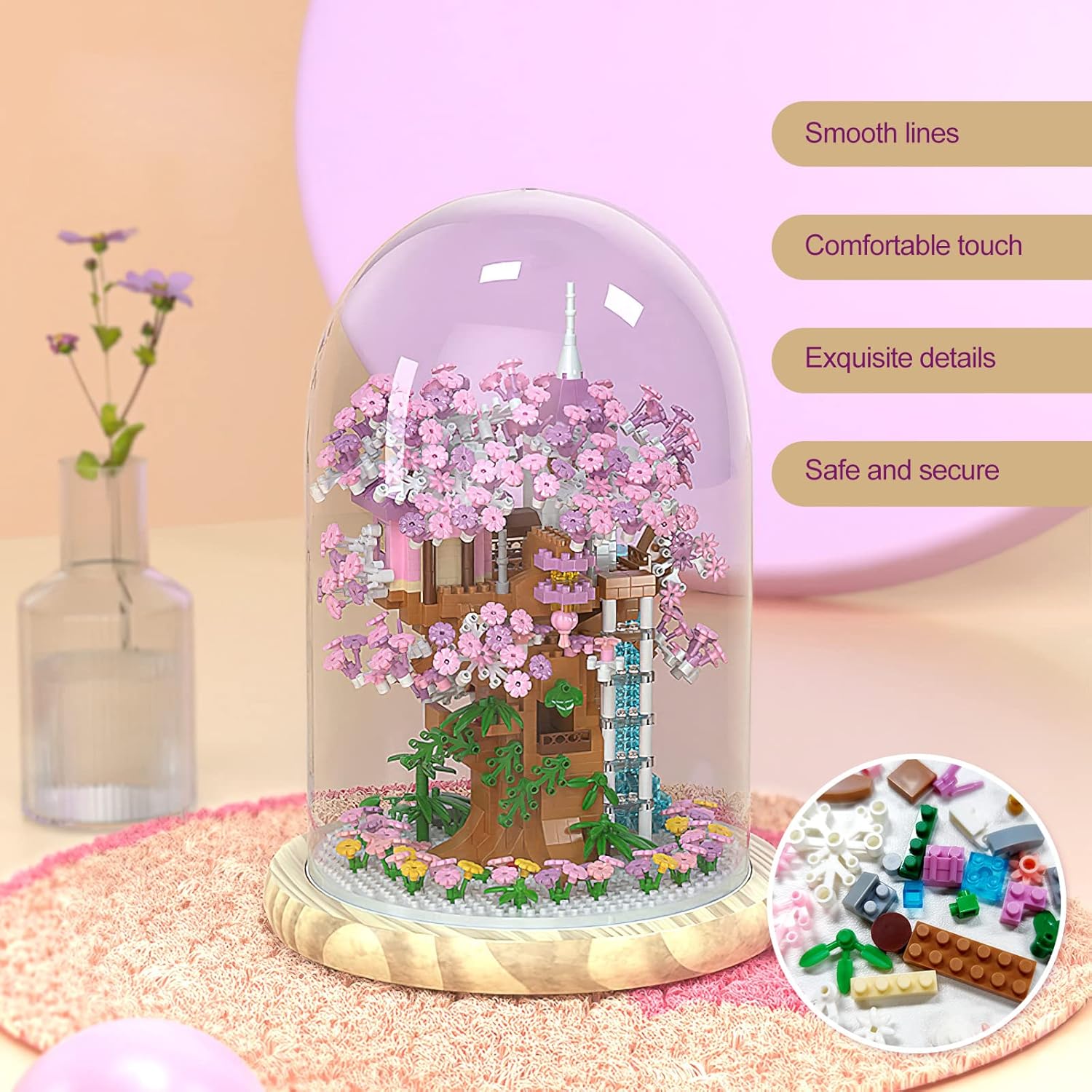 Cherry Blossom Bonsai Tree House Building Flowers Set for Adults, 1382 Pcs Micro-Particle Ideas Sakura Tree Building Blocks, Complete with String Lights, Dust Cover, and Wooden Base-uFunSpace