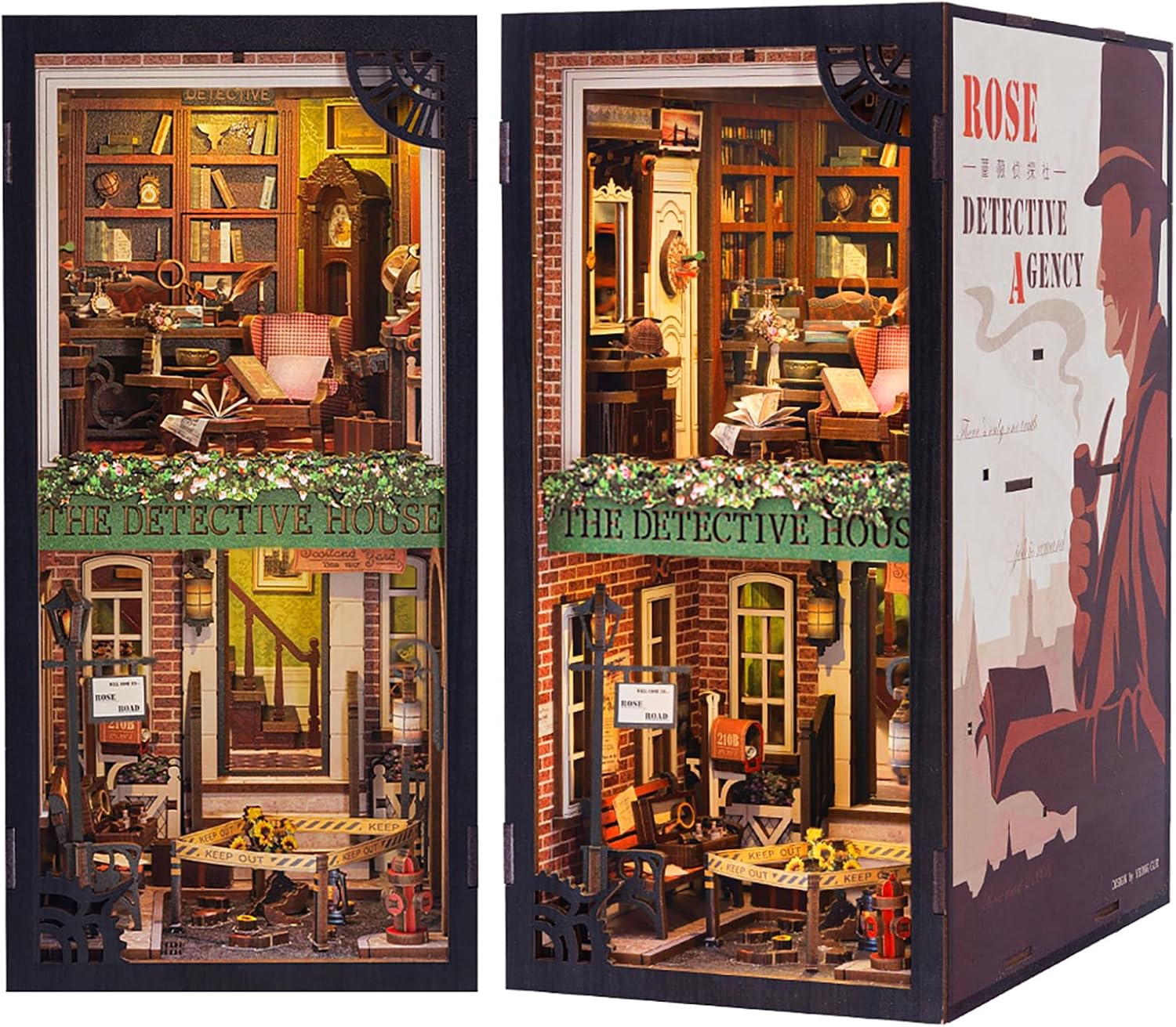 DIY Book Nook Kit DIY Wooden Miniature House Dollhouse Kit Bookshelf Insert Decor Booknook Bookcase Model Build Creativity Gift Kit Decor Alley with LED Light (Rose Detective Agency)-uFunSpace