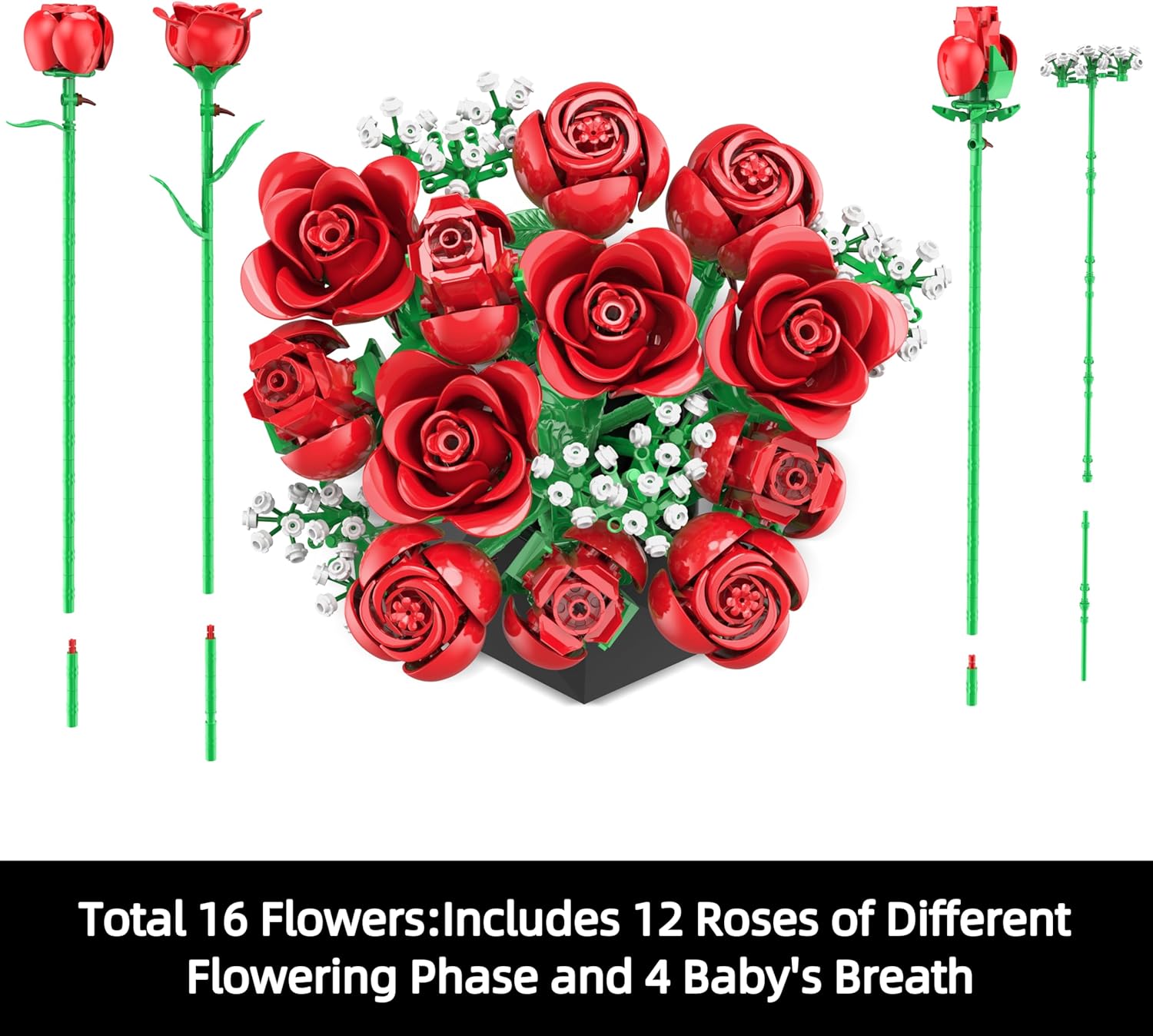Rose Flowers Bouquet Building Set, 960PCS Roses Artificial Flowers Botanical Collection for Dinner Table Home Decor, Christmas Valentines Day Gifts Thanksgivings Gifts Flower Decorations-uFunSpace