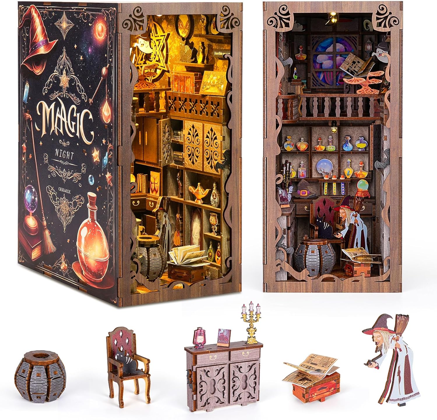 Magic Night DIY Book Nook Kit featuring a witch, black cat, and potion bottles in a 3D wooden attic puzzle.-uFunSpace