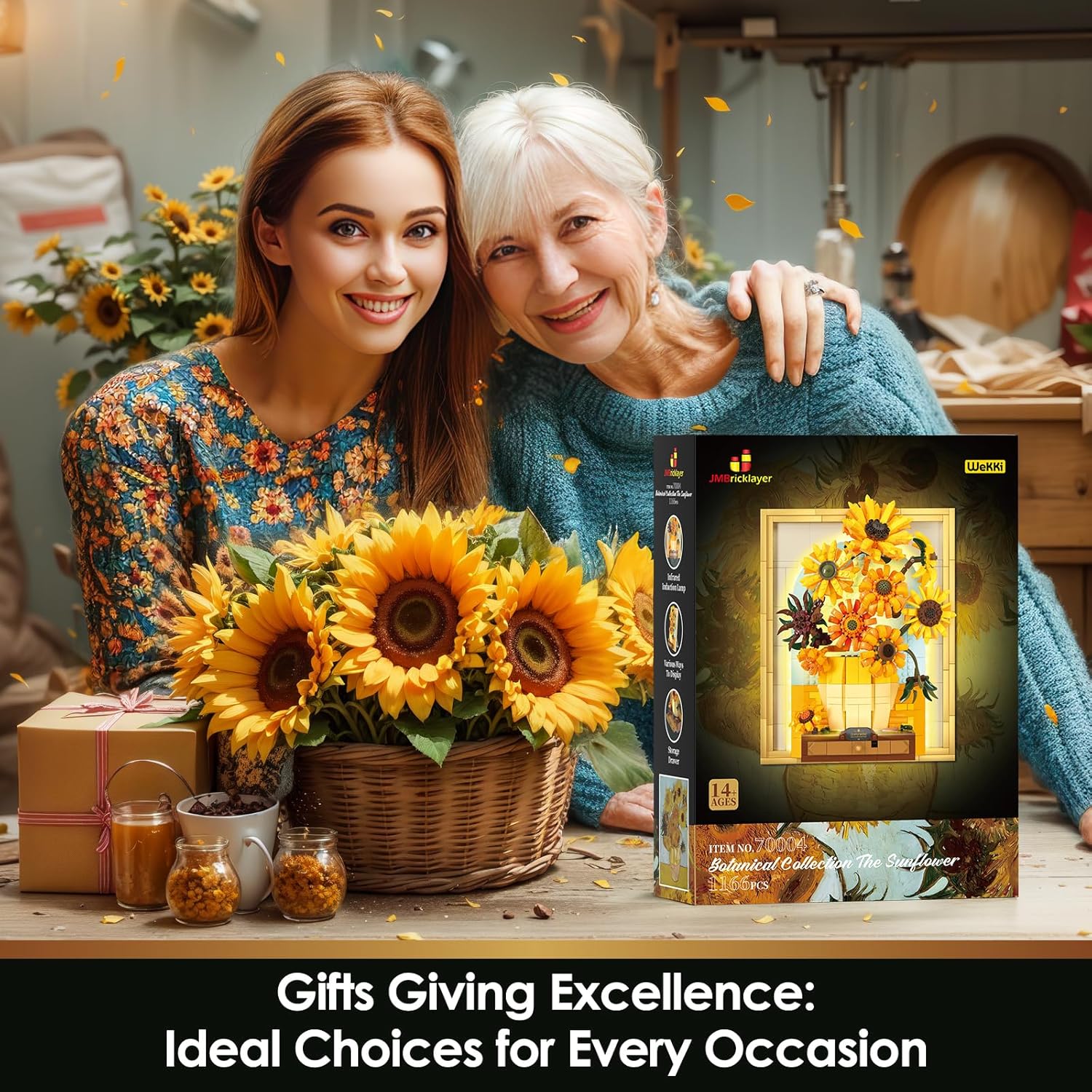 Flower Sunflower Building Block Set Adult with Light 70004 Van Gogh Wall Art Crafts Creative Bouquet, Painting Frame Room Decoration, Thanksgiving Christmas Birthday Gift for Women Girls-uFunSpace