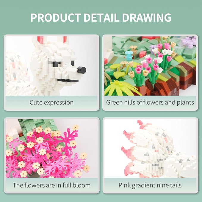 Forest Animal Micro Building Blocks Set - Nine Tailed Fox Stand in Lawns - Flowers and Trees, 4160 PCS Collectible Building Toy Gift for Adults and Kids Ages of 14+-uFunSpace