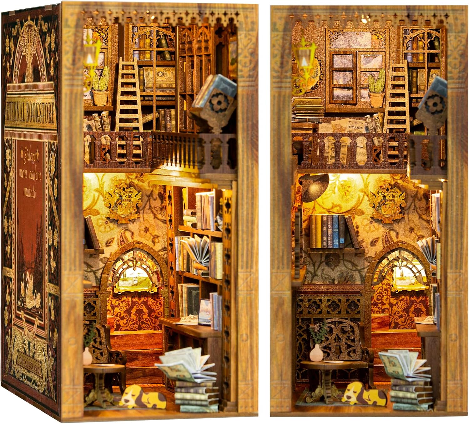 Book Nook Kit - DIY Miniature House Dollhouse Kit for Adult and Teens, Booknook Bookshelf Decor Alley Model Build with LED Light, Gifts for Family and Friends (Eternal Bookstore)-uFunSpace