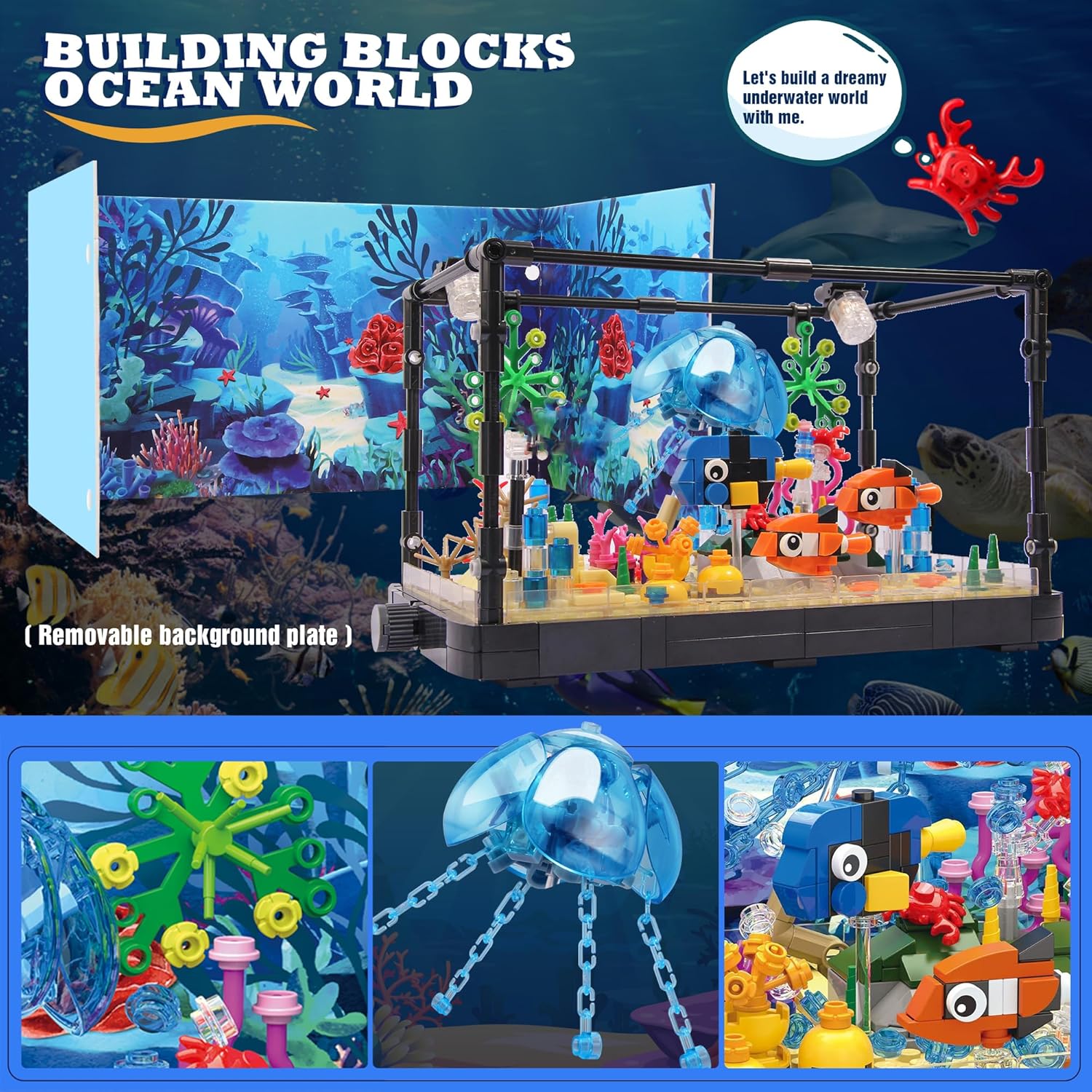 Fish Tank Building Block, Lighting Aquarium Building Sets for Adults and Kids Including Ocean Jellyfish, Dolphin, Turtle, Crab, Animal Building Toys for Boys Age 8-12, 725pcs-uFunSpace